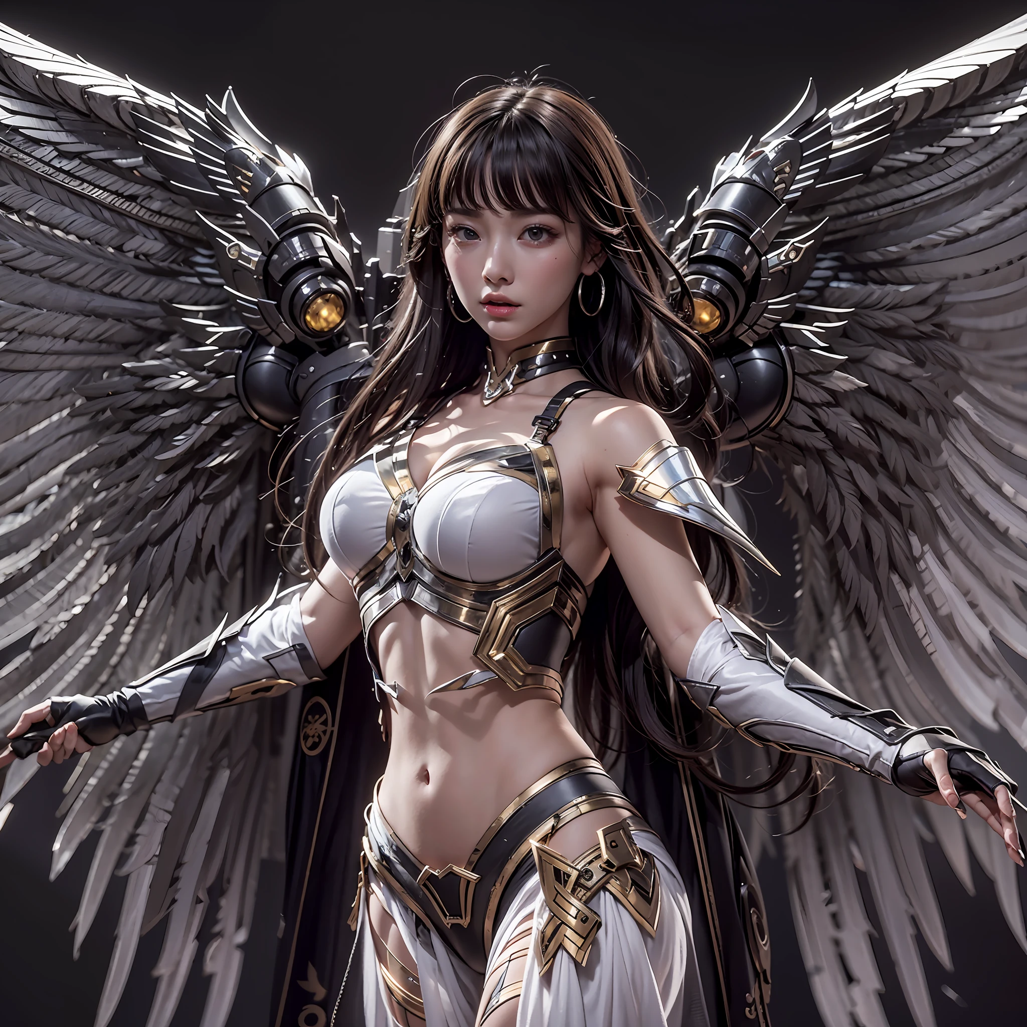 1girll,Dark Angel Warrior,(((On the back there is a pair of large black half-body wings))),Black titanium,Metal wings,((Metal wings)),((Black gold metal armor)),high detal,(beautifulface),Perfect facial features,red tinted hair,Black and gold greatsword,Futuristic technical background,apathy、Aloof、On the high horse,atmospurate、macro,Realistis,hdr(HighDynamicRange)、Ray traching、NVIDIA RTX、Hyper-Resolution、illusory 5、sub surface scattering、post-proces、Anisotropy Filtering、depth of fields、maximum definition and sharpness,Surface coloring、Accurately simulate light-material interactions、perfectly proportions、rendering by octane、largeaperture、Low ISO、White balance、the rule of thirds、8K raw data、lightand shade contrast