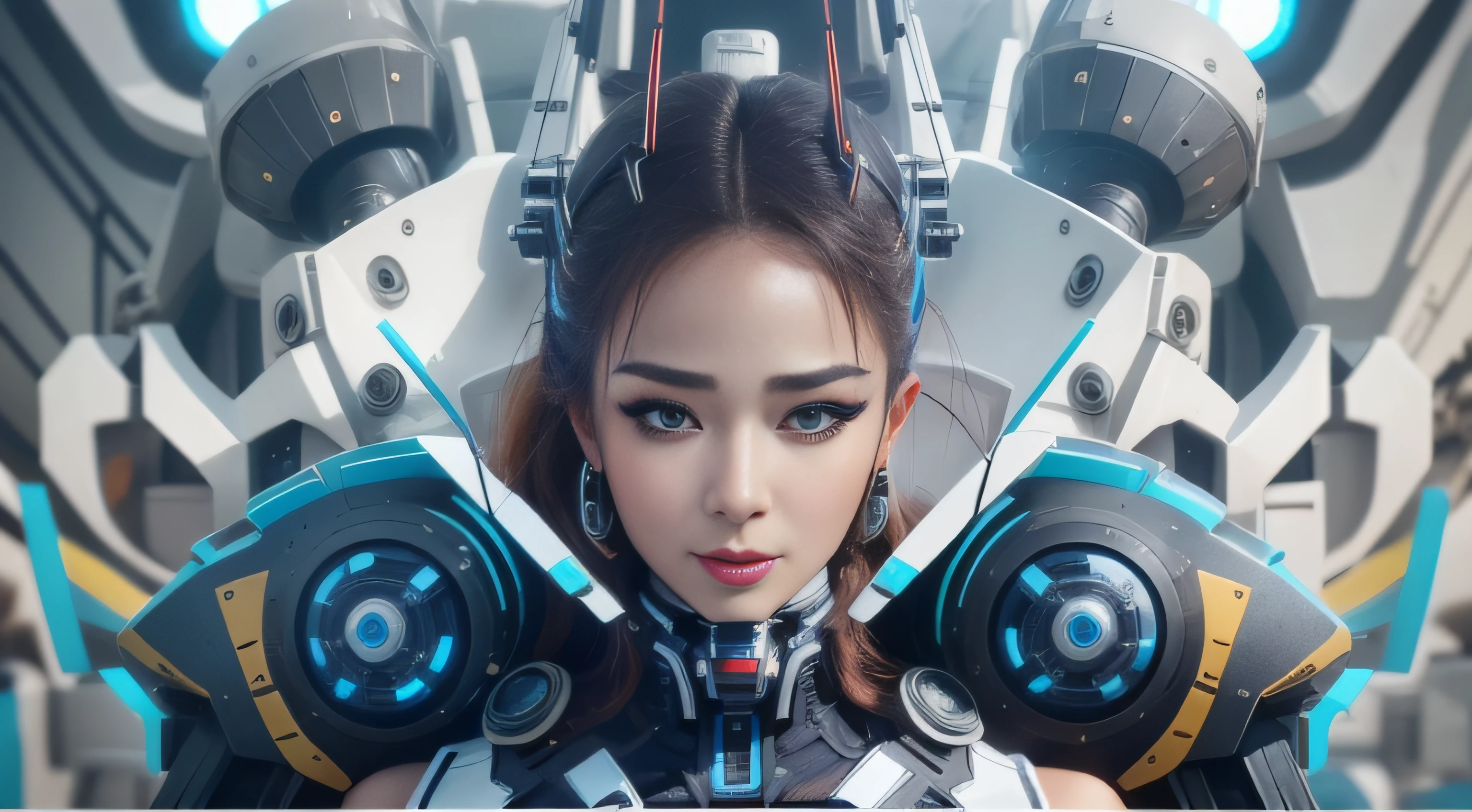 Highest image quality，Outstanding details，超高分辨率，（Fidelity：1.4）, Favor the details，closeup cleavage，The background is a scene of cosmic starlight，High-tech ships fly in the background，He has a delicate and beautiful face，（（Blue-white semi-mechanical body：1.8）），High-tech mecha weapons，Raised sexy，frontage，cyber punk perssonage，Futuristic，mechanically aesthetic，Virtual Engine 5，Perfect detail rendering，rendering by octane，hyper HD