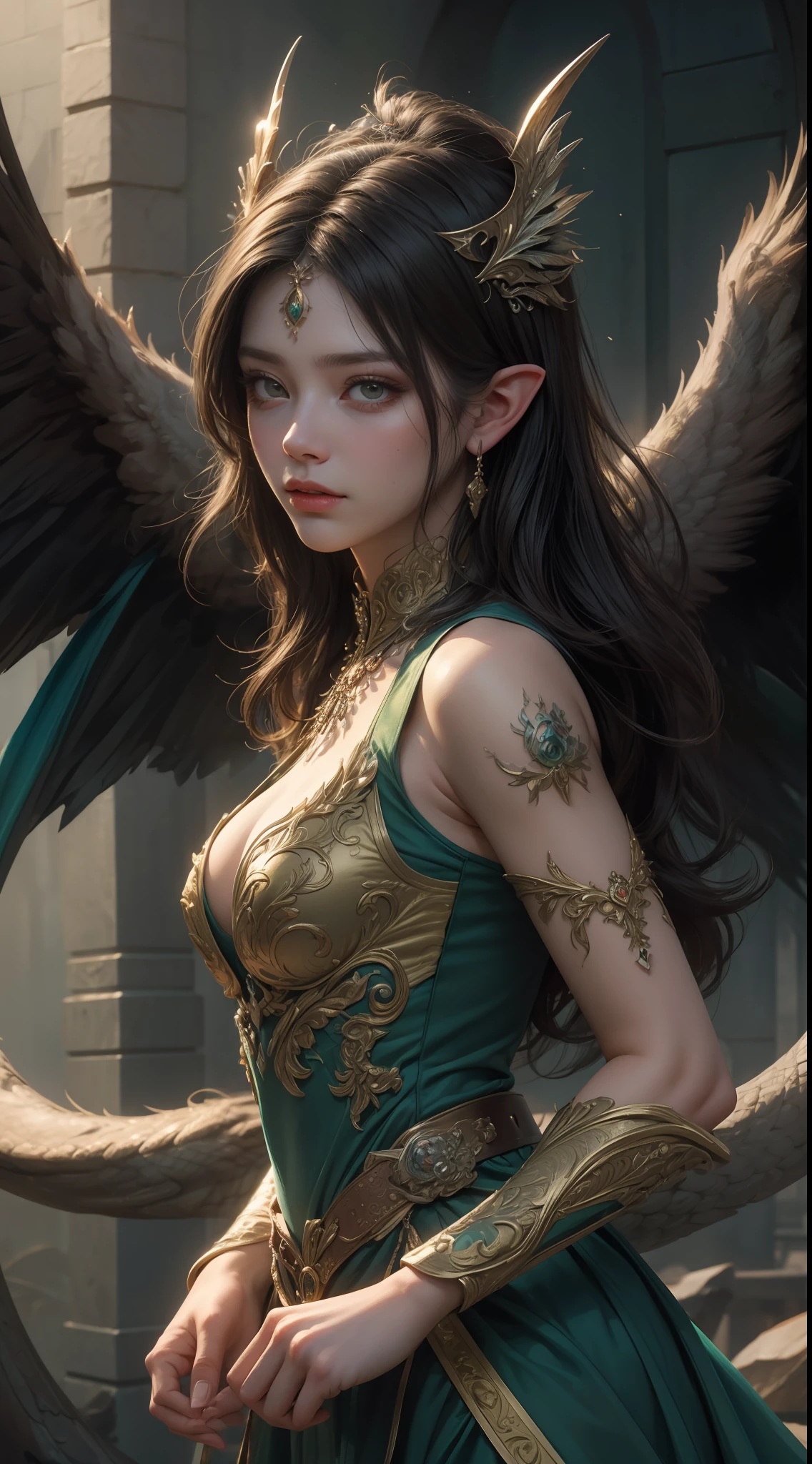 8k uld, masterpiece, bestquality, raw photo, realistic, beautiful girl, magic, very long hair, depth of vision, Highres, finely detailed, RAWExtremely detailed, extremely detailed eyes and face, sharp pupils, realistic pupils, cinematic lighting, detailed, perfect anatomy, a closeup of a woman with beautiful brown eyes face in a green costume with a dragon on her shoulder, green costume outfit, cinematic goddess body shot, majestic body full body angel, elegant cinematic pose, fantasy character, full body image, like a mystical valkyrie, detailed whole body, beautiful and elegant elf queen, unreal motor render, a goddess, grumpy lighting, glow, bright, mysterious, mystical, magical, rim lighting, vibrant, psychedelic, colorful, intricate, elegant, sharp focus, highly detailed, digital painting, conceptual art, matte, masterpiece, hyper detailed ultra sharp, vibrant aesthetic, blood wave, colorful, psychedelic, ornate, intricate, digital painting, conceptual art, smooth, sharp focus, illustration, beautiful female,