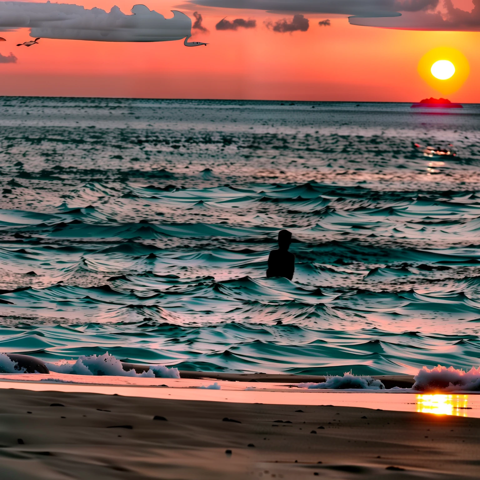 nascer do sol, ao fundo de um mar aberto, gaivotas voando, um casal sentados, on a sheet --auto --s2