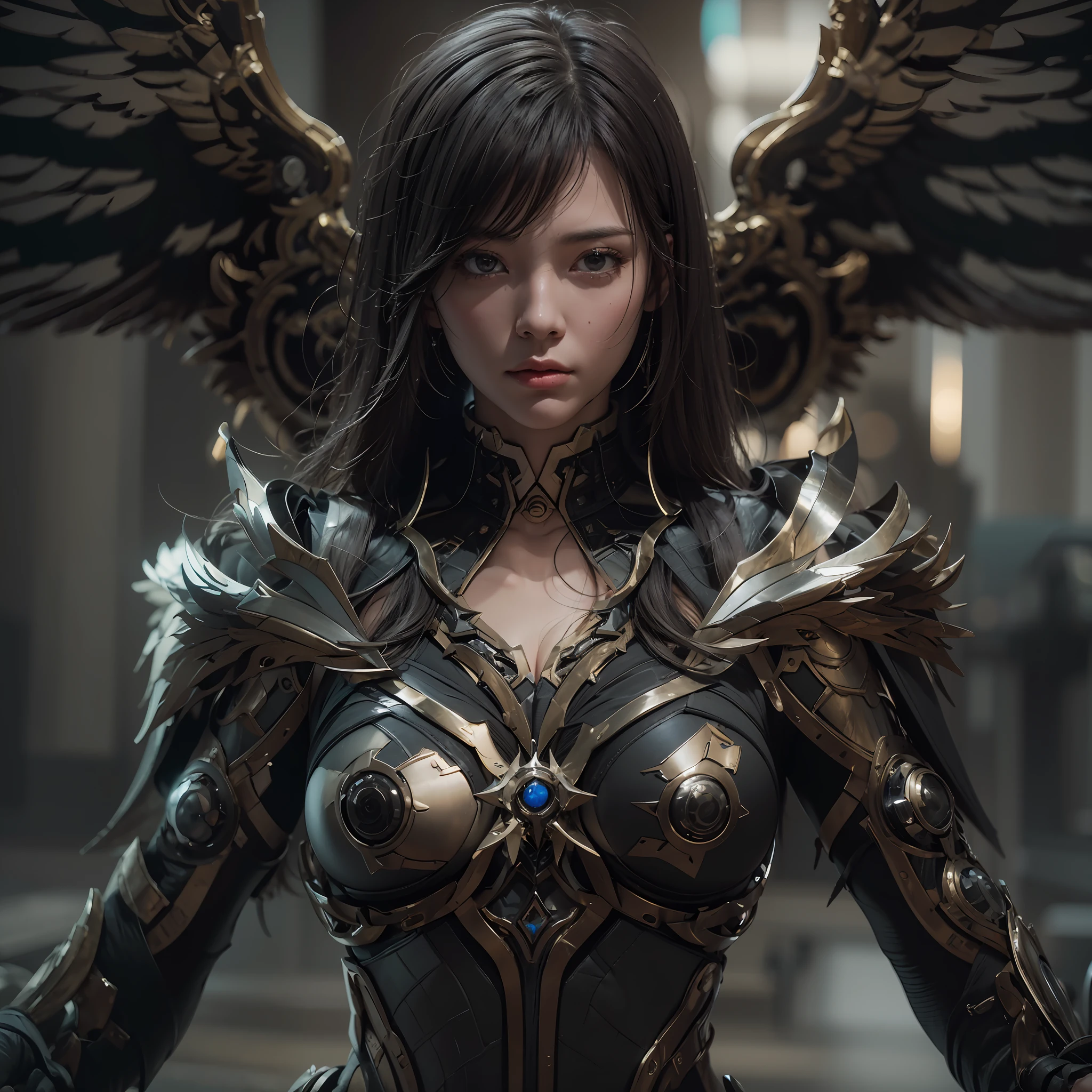 1girll,Dark Angel Warrior,(((On the back there is a pair of large black half-body wings))),Black titanium,Metal wings,((Metal wings)),((Black gold metal armor)),high detal,(beautifulface),Perfect facial features,red tinted hair,Black and gold greatsword,Futuristic technical background,apathy、Aloof、On the high horse,atmospurate、macro,Realistis,hdr(HighDynamicRange)、Ray traching、NVIDIA RTX、Hyper-Resolution、illusory 5、sub surface scattering、post-proces、Anisotropy Filtering、depth of fields、maximum definition and sharpness,Surface coloring、Accurately simulate light-material interactions、perfectly proportions、rendering by octane、largeaperture、Low ISO、White balance、the rule of thirds、8K raw data、lightand shade contrast