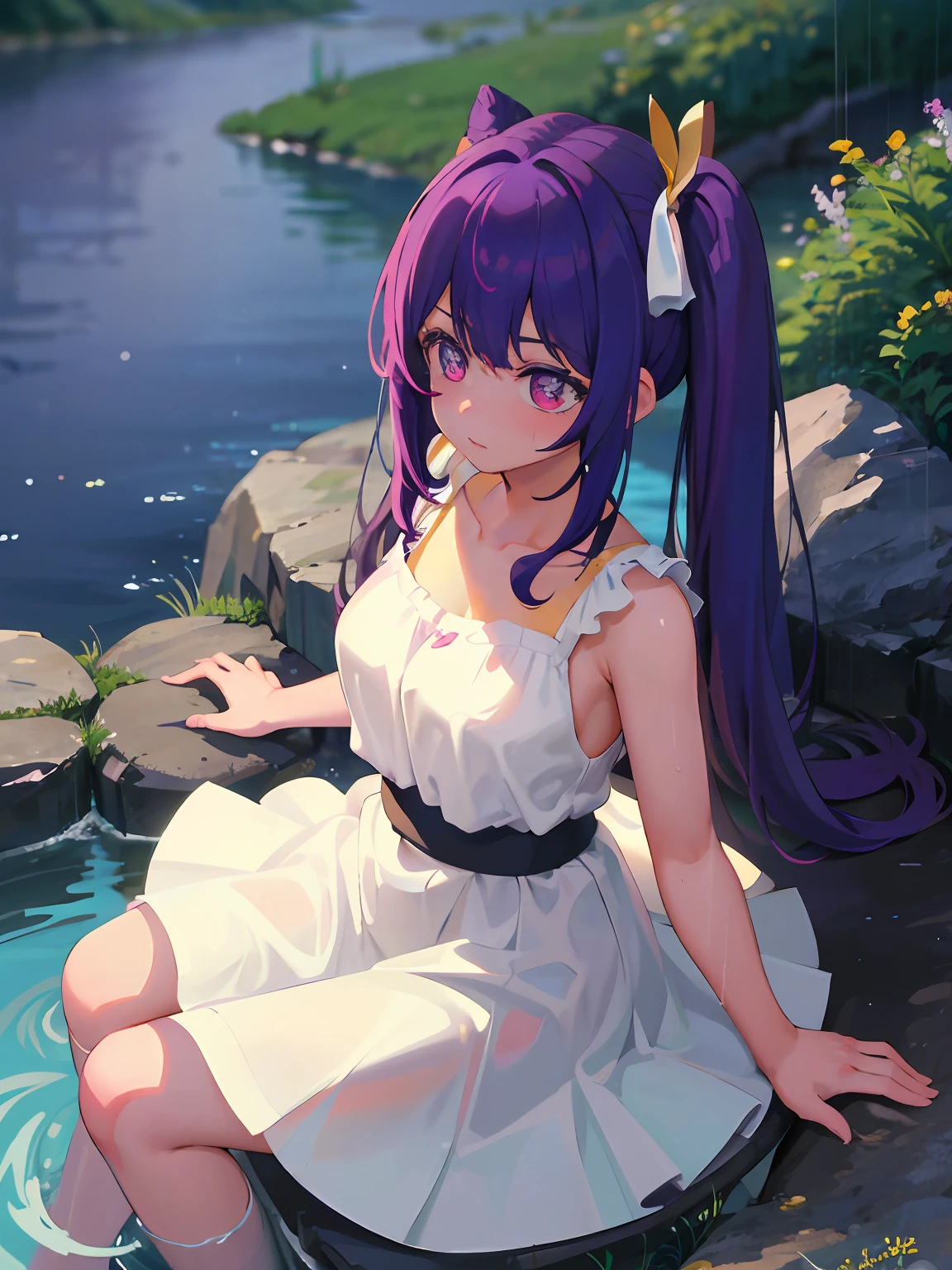 ((Best Quality, 8K, Masterpiece: 1.3)), {{Masterpiece}}, Illustration, Best Quality, Very Detailed CG Unity 8k wallpaper, 1girl_solo, full_body, from_top, looking_at_viewer, looking_up, (White Pantyhose: 1.3), Purple Hair, Double Tail, (Nude Dress: 1.3), hair_ribbon, Strong Edge Light, Lake, Flowers, Rain, clothes splash, (wet clothes: 1.5), , good figure, sexy and charming woman, sitting, collarbone, slip sleeveless dress, Sleeveless, The arms are unobstructed,