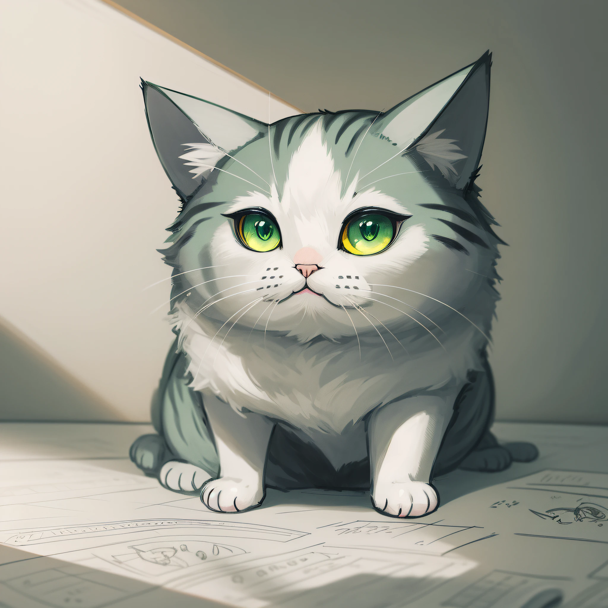 Drawing of a cat with green eyes sitting on a white surface, fat chibi grey cat, a cute little cat, Cute cat, !!! Cat!!!, (Ink Tober), a drawing, cat design, anime cat, pencil doodle, Cute drawings, old sketch, Cute cat, !!!! Cat!!!!, illustration of a cat on it, line-drawing!!, simple drawing, Anthropomorphic cat