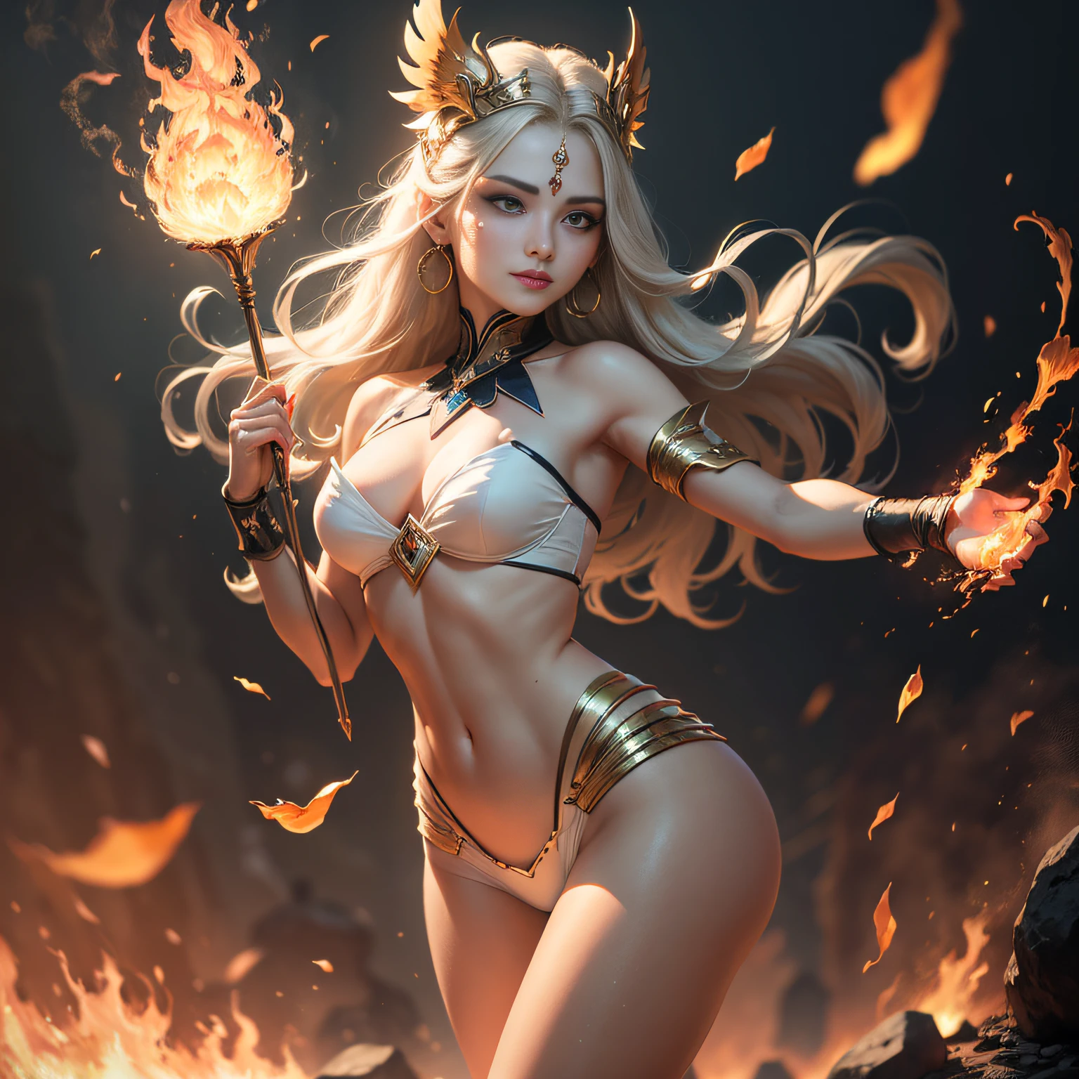 Girl made of fire element，wreathed in flame，The entire body is made up of fire，Spark spray painting，Delicate figure，((Masterpiece:1.2),highest  quality:1.1),(dynamic angle:1.2,dynamicposes:1.2,softlighting:1.1), Solo，Textured skin，Beauty tips，Pick dyeing，Crescent headdress，Heavy makeup，Ribbons，Crescent earrings，There are precious stones on the forehead，Beauty mole，Heterochromic pupils，Light smile，A high resolution