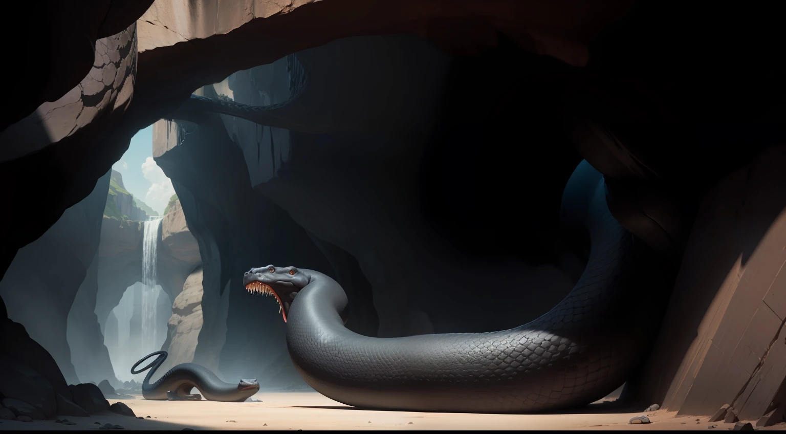 The big black snake loomed in the mouth of the cave