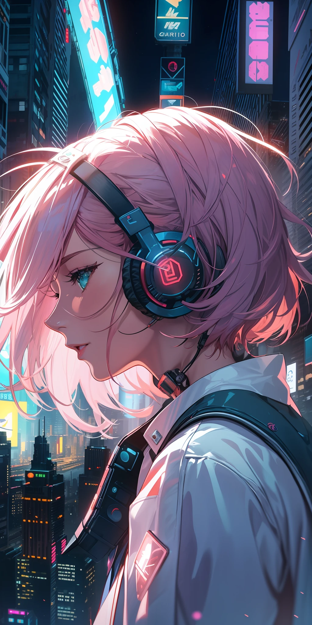 {masterpiece}, {best quality}, {{oil painting}} , {{wallpaper 8k CG}}, {realistic}, Concept Art, {{cyberpunk}}, vary blue and red and orange and pink hard light, intricate light, portrait of a robotic girl with pink hair and headphones in a city at night with neon lights and buildings in the background, in the Sci-fi City at night, white and intricate clothes, dynamic hair, haircut, dynamic fuzziness, beautiful and aesthetic, intricate light, manga and anime,