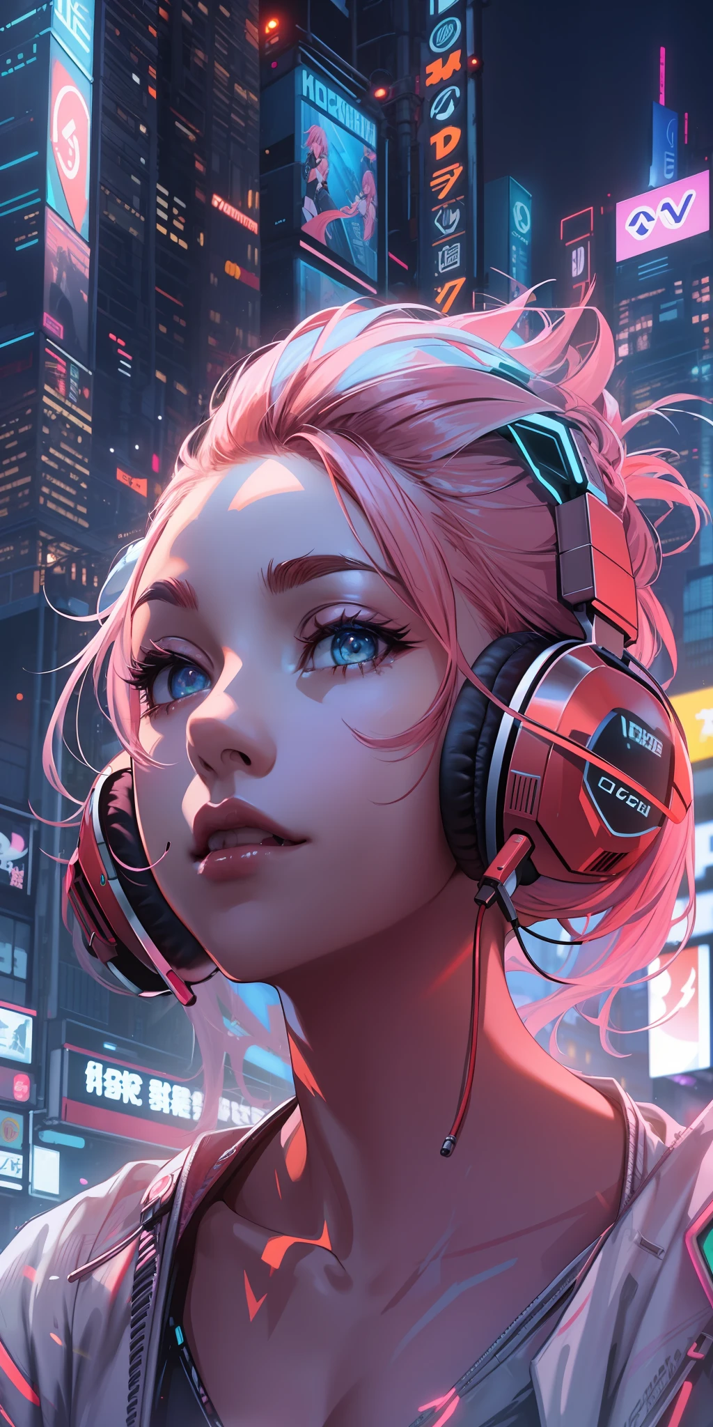 {masterpiece}, {best quality}, {{oil painting}} , {{wallpaper 8k CG}}, {realistic}, Concept Art, {{cyberpunk}}, vary blue and red and orange and pink hard light, intricate light, portrait of a robotic girl with pink hair and headphones in a city at night with neon lights and buildings in the background, in the Sci-fi City at night, white and intricate clothes, dynamic hair, haircut, dynamic fuzziness, beautiful and aesthetic, intricate light, manga and anime,