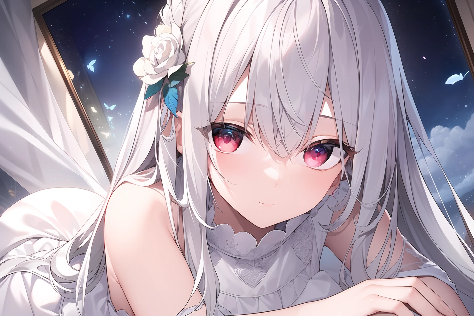 ((Masterpiece, Best quality))++, Detailed light+, Detail hair+, detail hand+ ,1girll, woman, Long hair, dark red eye, Beautiful eyes, Young gray hair,,(Beautiful white hair:1.5),(Beautiful detailed eyes), high resolution+, The shirt , White skirt, Glass tones, Reflective eyes, ((Halo)), {{Angle}} , extremelydetailedwallpaper, Original, butterflys