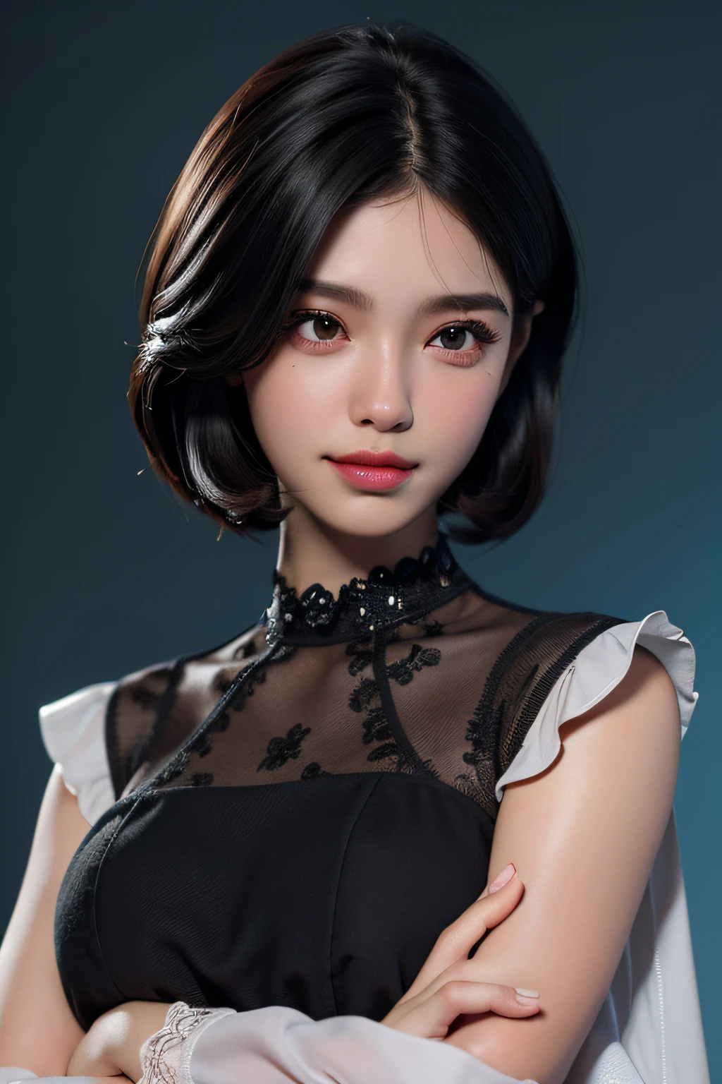 (Ultra Real), (High Resolution), (8K), (Very Detailed), (Beautiful Detailed Eyes), (Best Quality), (Ultra Detailed), (Detailed Face), 1girl, blouse, smirk, pose in photo studio, 4k, cinematic, depth of field, kpop, black hair, bob hair
