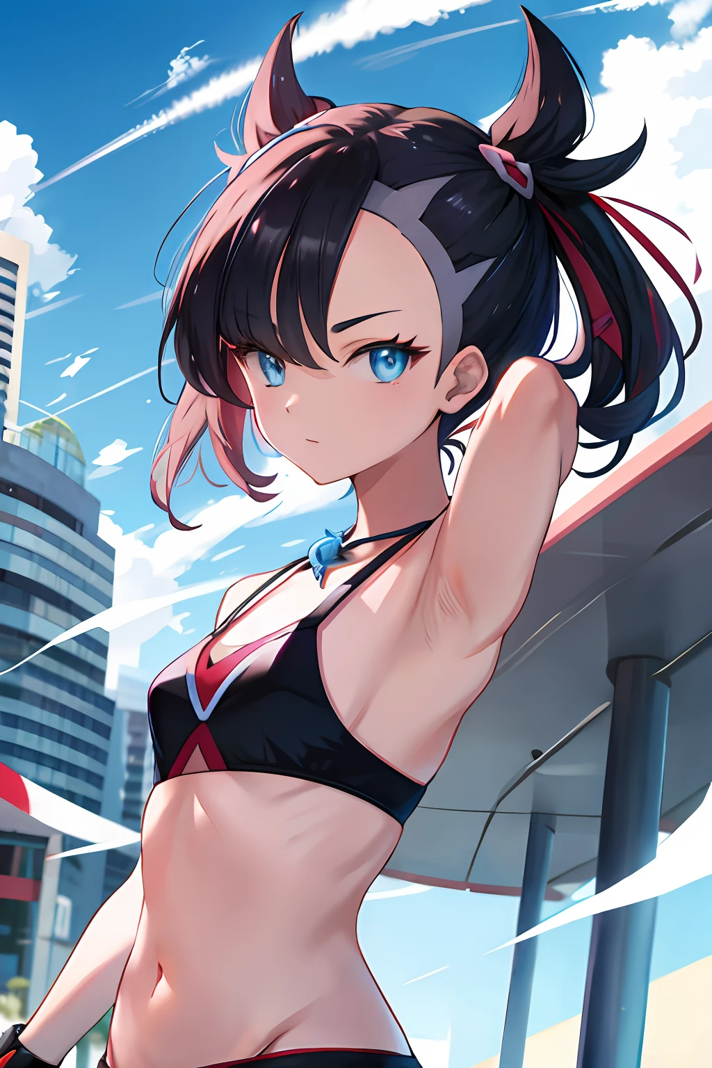 tmasterpiece, best qualtiy, hight resolution, hmmarnie, light blue eyes, Pokémon,sling bikini,Urban background