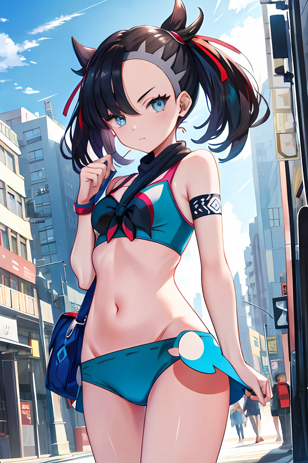 tmasterpiece， best qualtiy， hight resolution， hmmarnie， light blue  eyes， Pokémon，sling bikini，Urban background