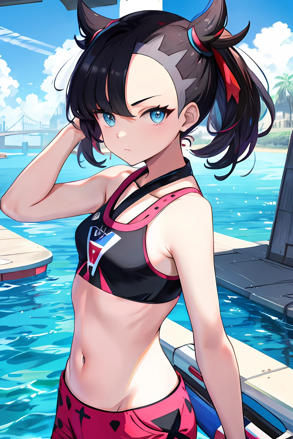 tmasterpiece， best qualtiy， hight resolution， hmmarnie， light blue  eyes， Pokémon，sling bikini，Urban background