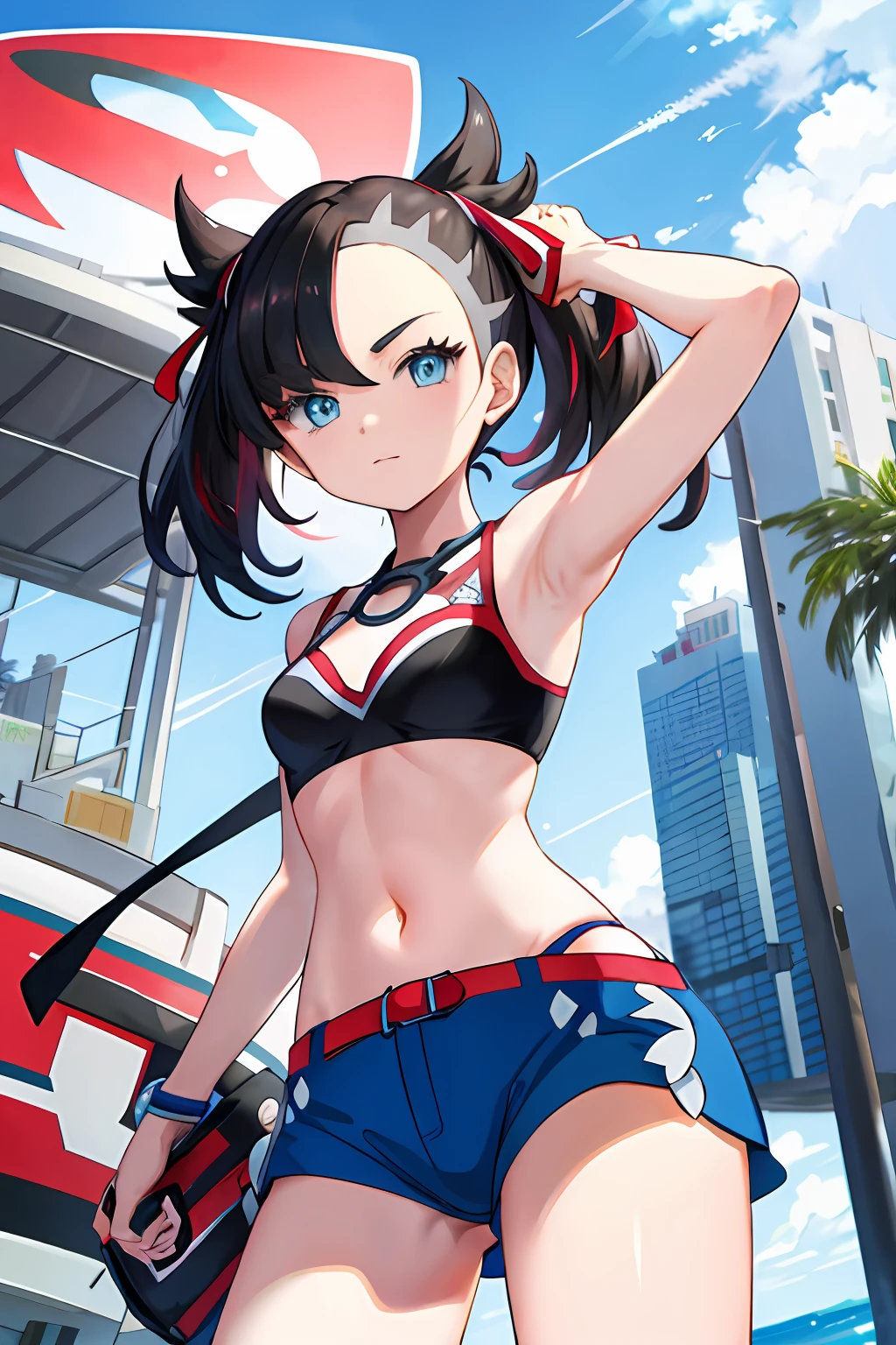 tmasterpiece， best qualtiy， hight resolution， hmmarnie， light blue  eyes， Pokémon，sling bikini，Urban background