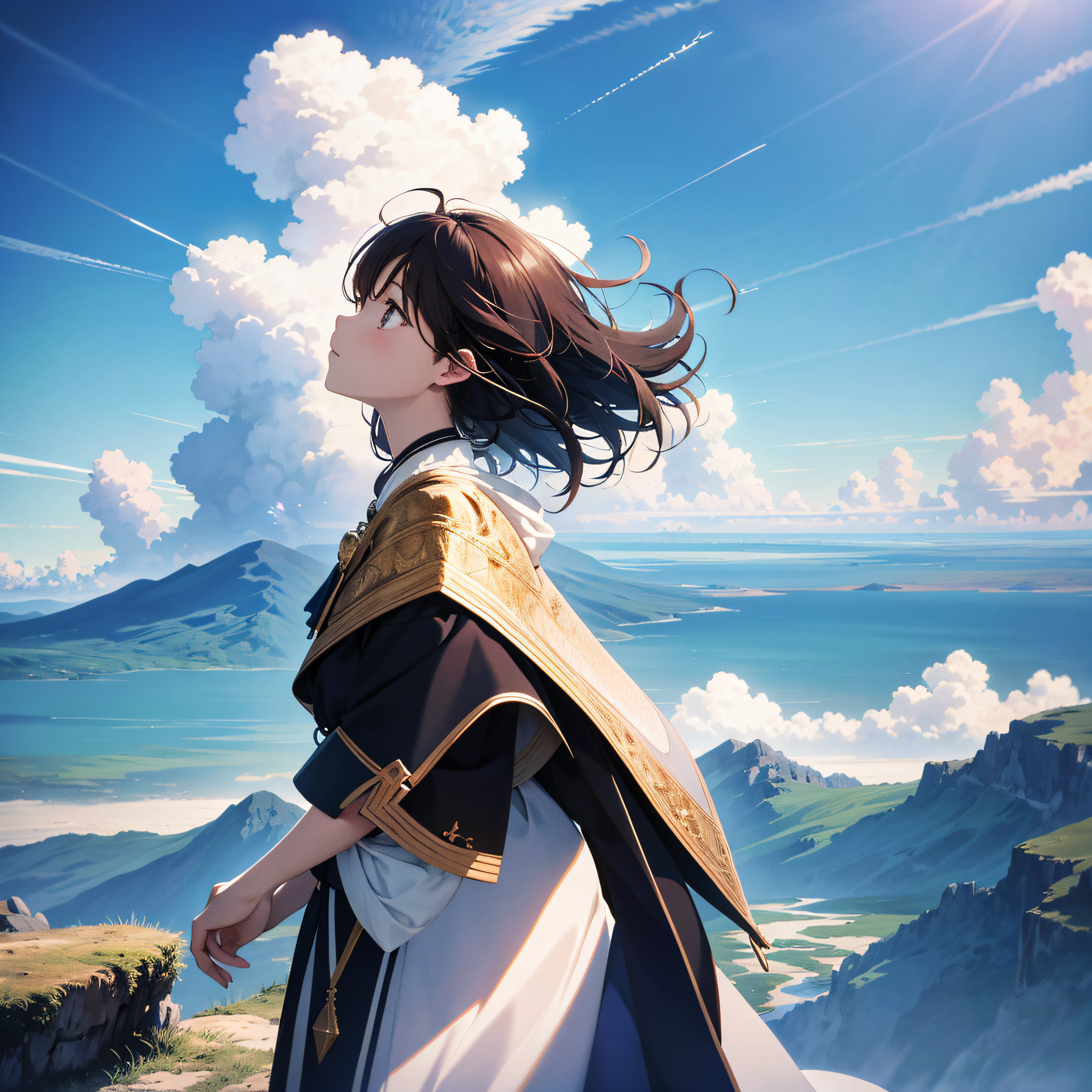 absurdres, highres, (official art, beautiful and aesthetic:1.2), close view,
shining sky, vast world, girl, gazing, awe-inspiring expression, distant horizon, clouds, high hill, natural beauty, inspiration, light effects,