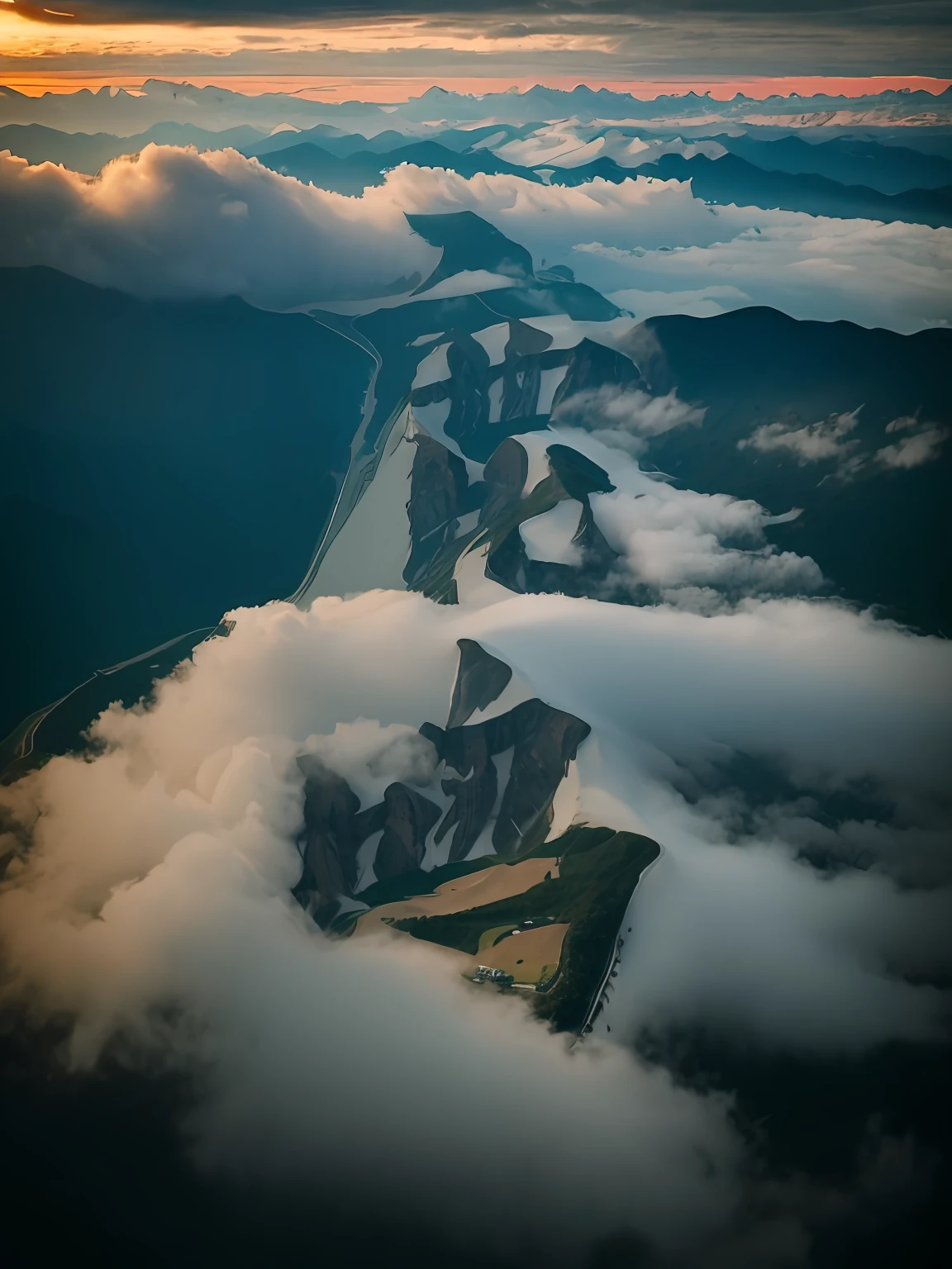 （bird's eyes view），（mountain peaks，rios，）Meandering，Clouds，(Complicated details)，hdr，(Complicated details，ultra - detailed:1.2)，Cinema lenses，Vignette，at centre