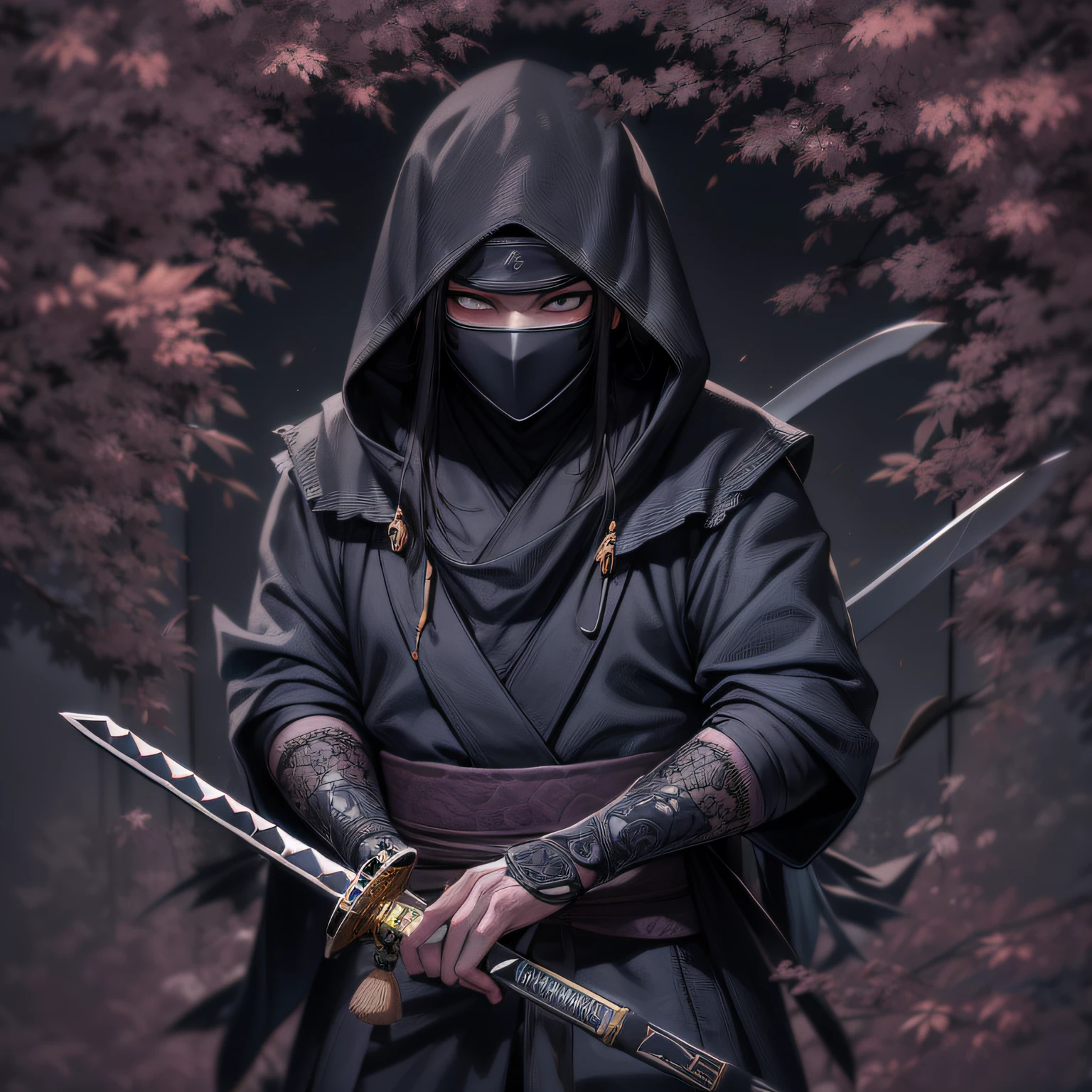 hightquality、4k,、8k、intricate details、full body shot、highly detailed、Japan male ninja wearing a one-color black ninja costume of Japan holds a shinobi sword and holds it coolly、Pitch black ninja costume、Wearing a hood、The background is shuriken