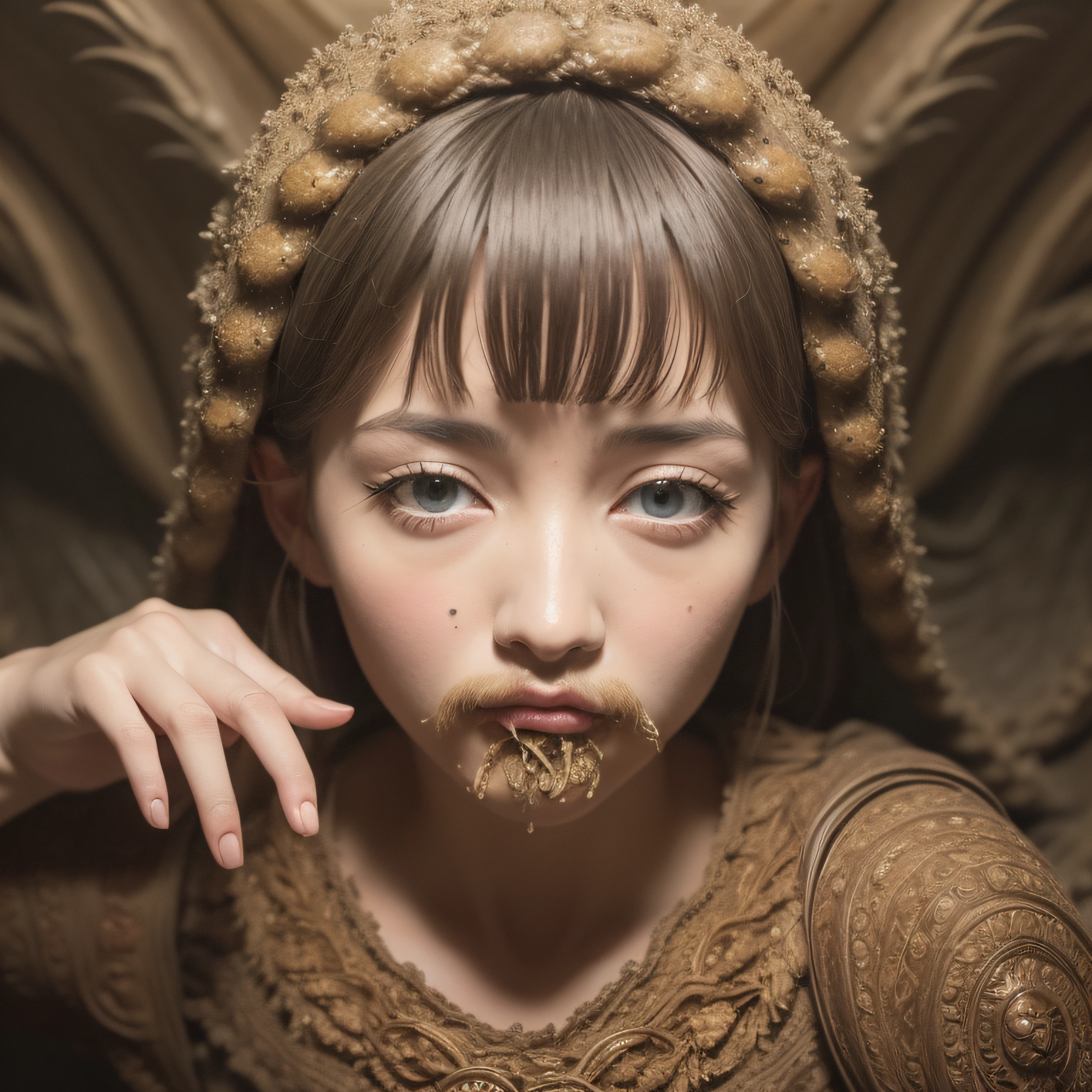 (extremadamente detallado, obra maestra, La mejor calidad), Estilo oscuro, intense illumination, rostro con arrugas, lengua larga, tentacle, deforme, monstruoso, un anciano con Colmillos finos, amenazante. Rococo composition. Luz de caravaggio