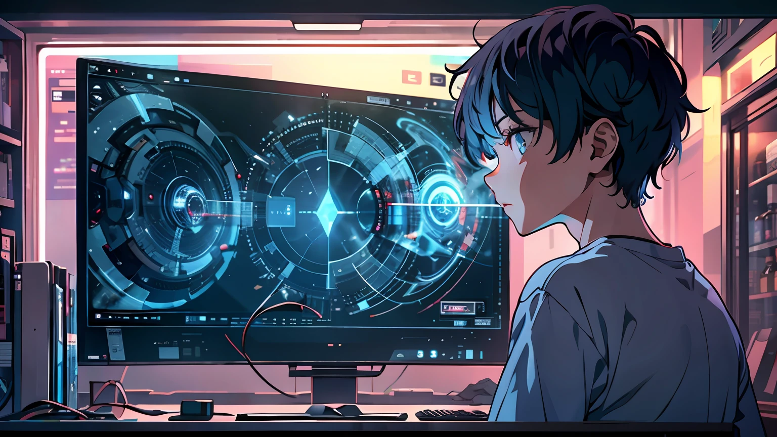 (masterpiece),((best quality)),8k,high detailed,ultra-detailed,A boy is gazing at the system in front of him, with his eyes slightly squinted, his reaction is a mix of astonishment and confusion. In the background, the interface displayed by the system emerges in a shimmering fashion in the air, emitting a faint blue light, adding a touch of mystery to the entire scene.