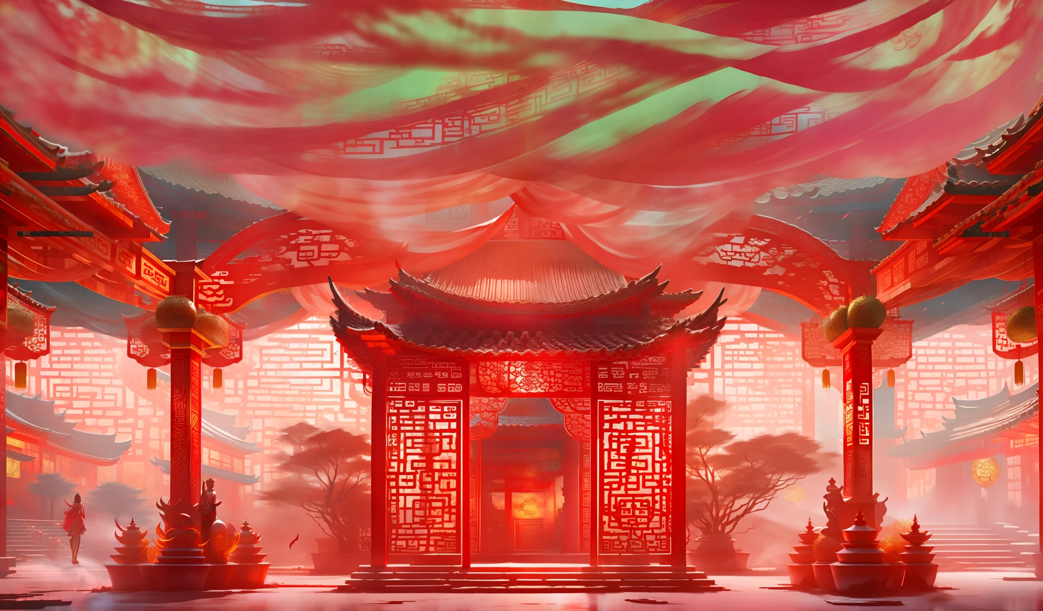 The exterior is full of red fabrics，Fabric through Chinese architecture，dreamlike landscapes，Flowing fabrics，Festive 3D installation renderings，The Chinese Tang Palace installations on the huge stage are covered with red silk，Don't show up characters，Immersive stage design style