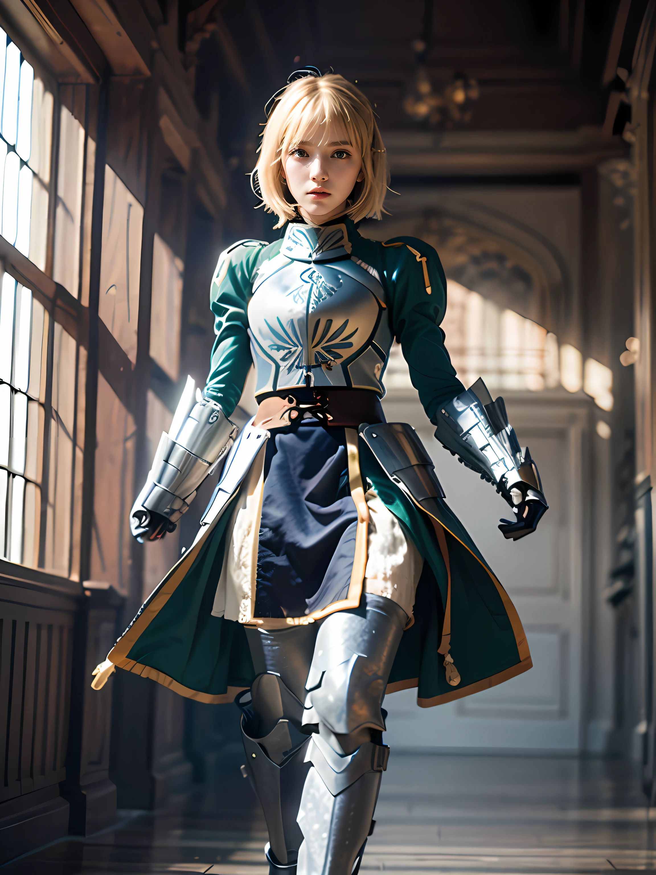 aasaber, green eyes, blonde hair, ahoge, gauntlets, (masterpiece:1.2), (ultra detailed), (8k, intricate), (85mm), (highly detailed:1.2), full body, daylight, solo