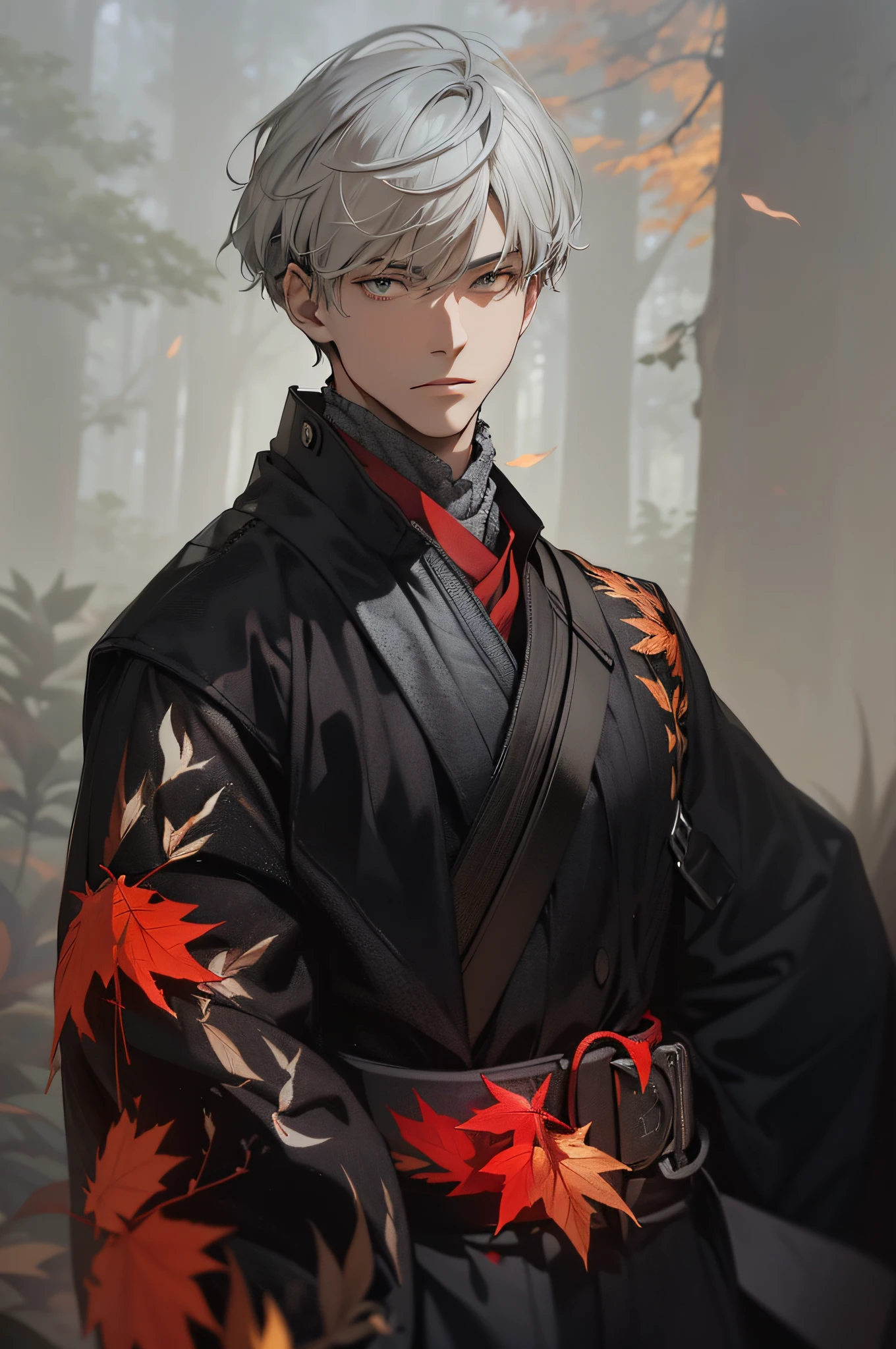 A young man stands in a dark forest, It is surrounded by tall trees and autumn leaves. The man's face was obscured by a blur, As if to protect their identity. They wore black jackets,Gray hair reaches the shoulders. The forest is dimly lit, Create a contrast between red and black. The image evokes a sense of mystery and danger.