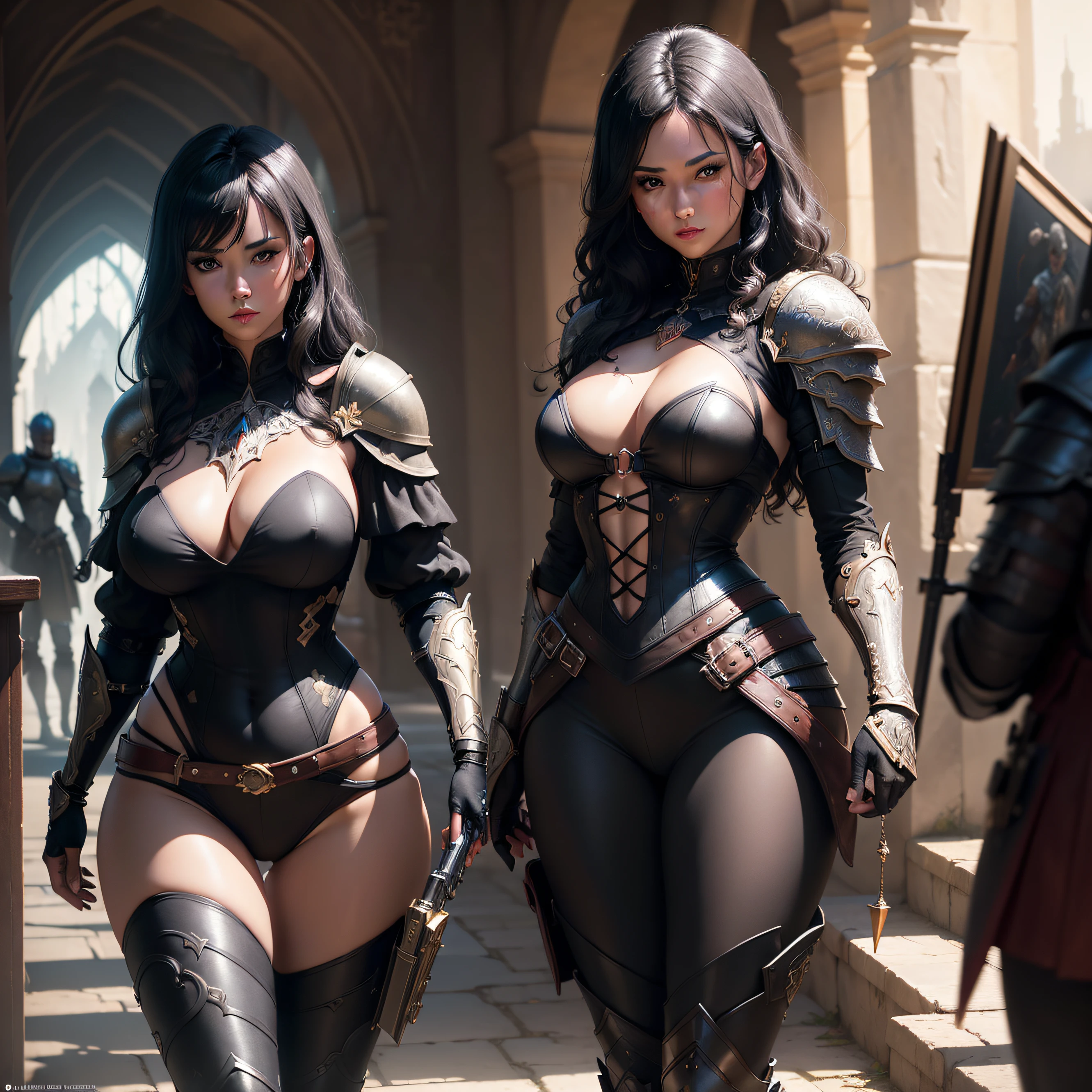 (masterpiece, best quality:1.4), (absurd, sublime, extremely detailed:1.2), (using dark magic:1.4), a young girl, curly black hair, blue eyes, thick lips, red lips, tanned skin, wearing black bralette, shoulder armor, wearing black pants, short gloves, gun bag, big gun in hand, sexy body, playful illustration, overlay imaginative, art mix, fantasy scene, sexy story, featured image, full body, virtual knight, virtual knight, perfect lightning, realistic shadow, sharp focus, degree depth of field blur, (neutral color:1.2), (hdr:1.4), (color off:1.2), super detail, (artstation:1.4), cinematic, warm light, dramatic light, ( detail complex details:1.1), complex background, (rutkowski:0.66), (teacher and orange:0.4)
