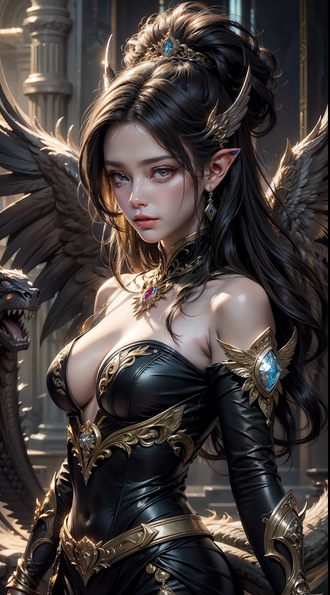 8k uld, masterpiece, bestquality, raw photo, realistic, beautiful girl, magic, very long hair, depth of vision, Highres, finely detailed, RAWExtremely detailed, extremely detailed eyes and face, sharp pupils, realistic pupils, cinematic lighting, detailed, perfect anatomy, a closeup of a woman with beautiful brown eyes face in a diamond costume with a dragon on her shoulder, diamond costume outfit, cinematic goddess body shot, majestic body full body angel, elegant cinematic pose, fantasy character, full body image, like a mystical valkyrie, detailed whole body, beautiful and elegant elf queen, unreal motor render, a goddess, grumpy lighting, glow, bright, mysterious, mystical, magical, rim lighting, vibrant, psychedelic, colorful, intricate, elegant, sharp focus, highly detailed, digital painting, conceptual art, matte, masterpiece, hyper detailed ultra sharp, vibrant aesthetic, blood wave, colorful, psychedelic, ornate, intricate, digital painting, conceptual art, smooth, sharp focus, illustration, beautiful female,