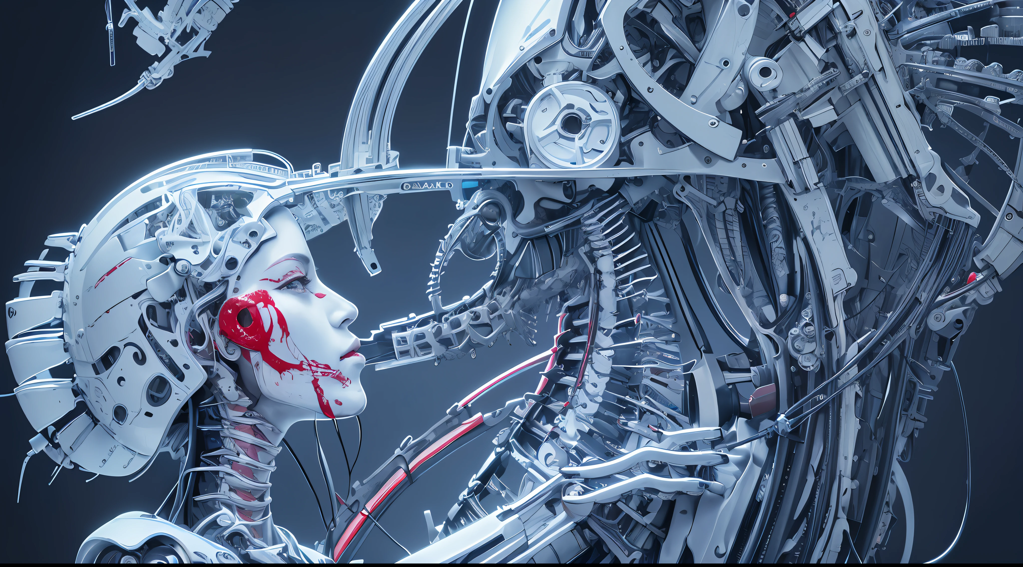 (masterpiece, top quality, best quality, official art, beautiful and aesthetic:1.2), (1girl:1.3), extreme detailed,colorful,highest detailed ((ultra-detailed)), (highly detailed CG illustration), ((an extremely delicate and beautiful)),(from side),cinematic light,((1mechanical girl)),solo,full body,(machine made joints:1.2),((machanical limbs)),(blood vessels connected to tubes),(mechanical vertebra attaching to back),((mechanical cervial attaching to neck)),(sitting),expressionless,(wires and cables attaching to neck:1.2),(wires and cables on head:1.2)(character focus),science fiction,(blood:1.5)