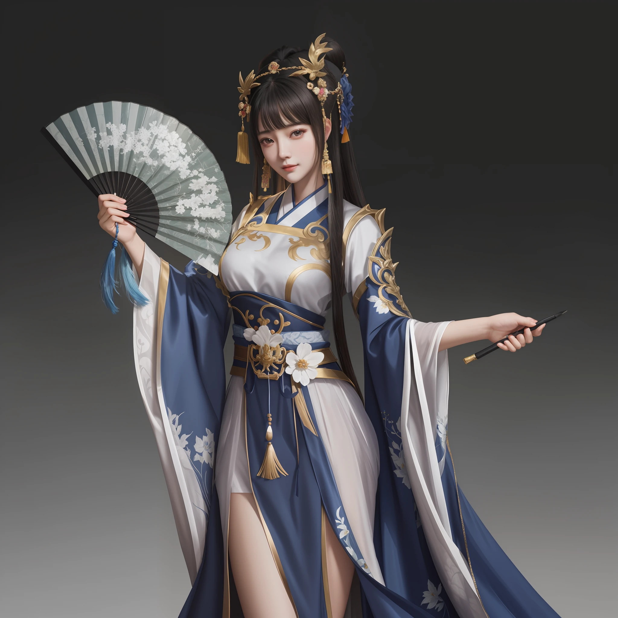 Ancient beauty,Dark blue and white cloth,, Holding a paper fan in his right hand, Hold the brush in your left hand ,A girl in Hanfu, trending on cgstation, Inspired by Lan Ying, a beautiful fantasy empress, full-body xianxia, Inspired by Qiu Ying, inspired by Du Qiong, G Liulian art style, Inspired by Li Tang, Chinese clothing 32K Ultra HD, low-saturation, Beautiful woman in floral pattern dress, in the style of anime art, , Detailed facial features, Dream illustration style zbrush, UHD image, Feminine elegance, , anime artsyle, Organic and flowing forms, Free brush strokes, illustrated, in the style of artgerm, Long-sleeve tickets, Excellent quality, Action painter, amazing moment, vray, Unreal Engine5, cinmatic lighting, Particle, realistic PVC textures, 32K, cinematic photogtaphy, Apply vertically to the whole body, poster for, Light smile, bead necklace, Bokeh, Verism, Cinematic lighting, Ray tracing, reflective light, shadowing, Anatomically correct, Textured skin, Super detail, High details, High quality, Masterpiece, retinas, ccurate, Award-Awarded, Best quality, A high resolution