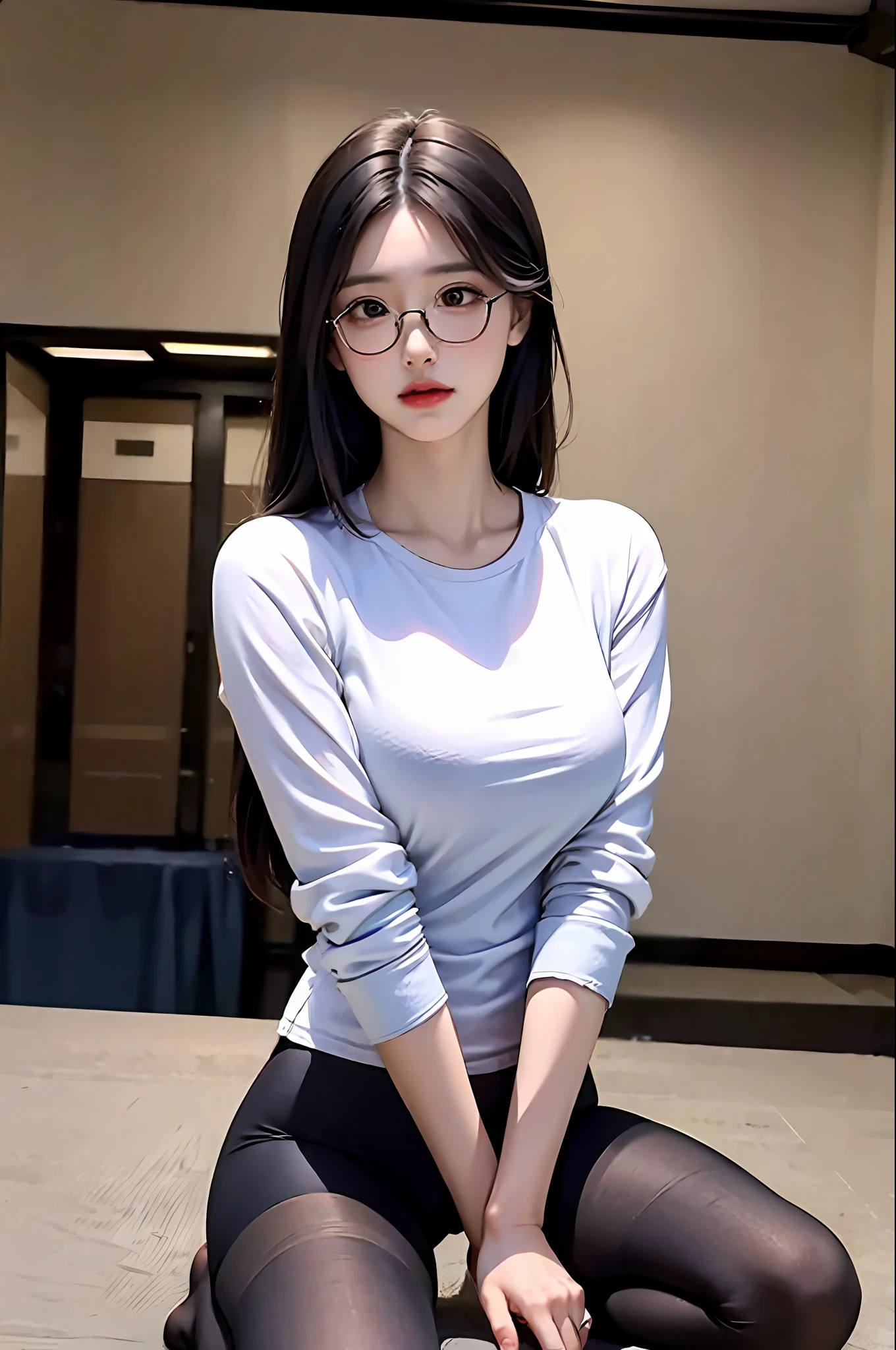 1 rapariga,blackstockings,white shirt,delicated,femminine,ellegance,Raised sexy,youthfulness,big breasts beautiful,mature,Beautiful,classics,Simple,chaste,to contrast,seductiv,carismatic,ellegance,delicated,Steady,naïve,𝓡𝓸𝓶𝓪𝓷𝓽𝓲𝓬,Reserved,Reserved、the detail、Texture、composition、photorealestic、naturey、Light、and harmonious、Beauty Feeling,A detailed eye,二重まぶた,gold-wire glasses,Bite your mouth,The appearance is provocative,Tight clothing leggings,full bodyesbian,High-gloss black silk,(pantyless),medium haired,Hands touch thighs,Tight muscles,Stand a word horse,