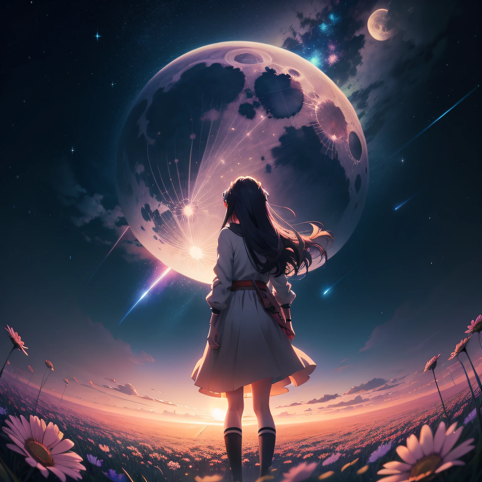 anime girl standing in a field of flowers under a full moon，ssmile，Starry Sky 8K，nigh sky;8K，space sky，Cosmos Sky。Written by Makoto Shinkai， starrysky， stele（Skysky）starry_sky， Cosmos Sky， anime backgrounds， Anime art wallpaper 4 K， anime art wallpaper 4k， Anime Sky， 4k anime wallpaper