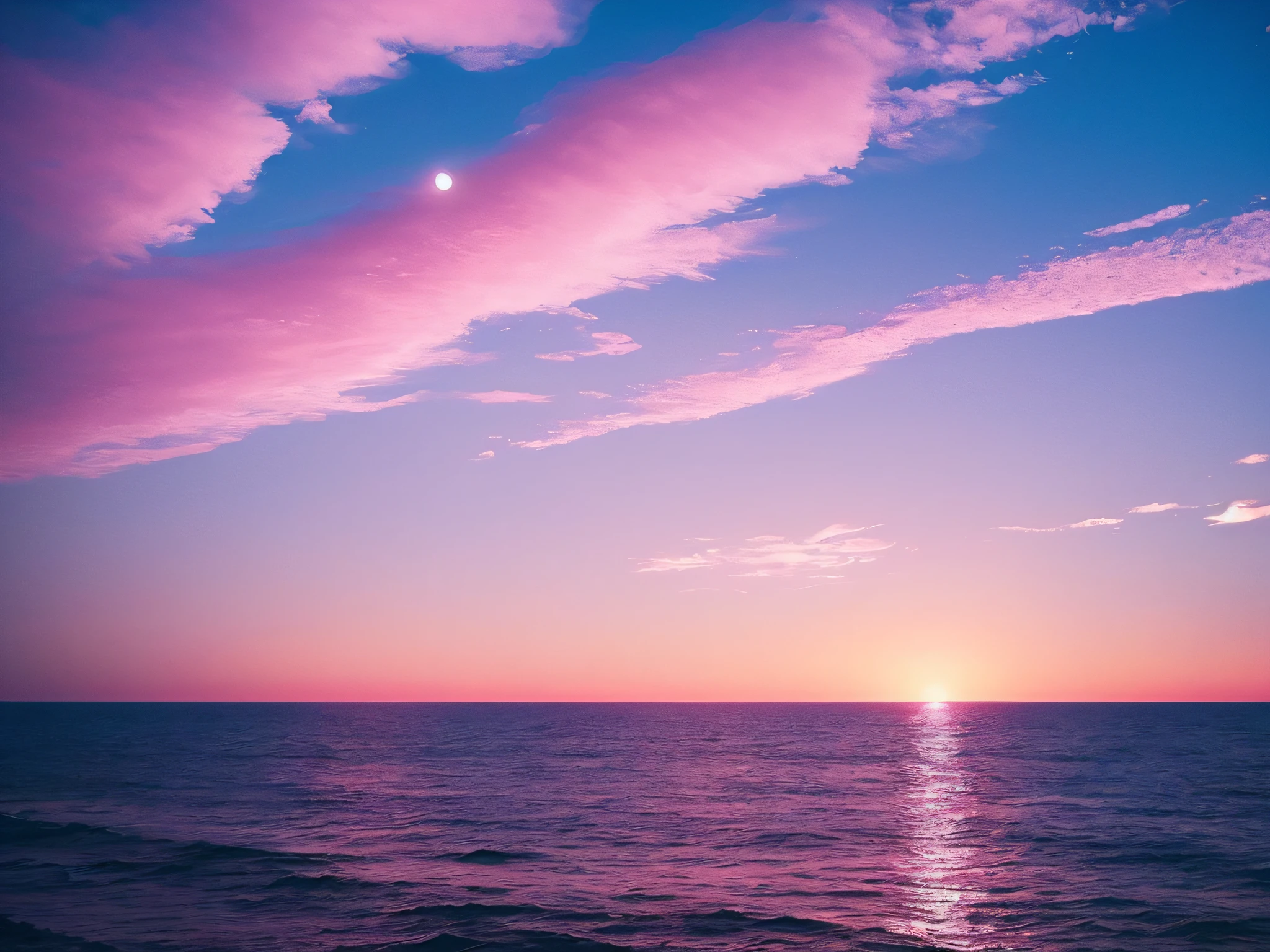 Pink moon, pink sky, soft pink clouds, pink ocean waves sparkling, sparkling, pink roses on pink ocean, fantasy, diamond, crown, universe, soft lights,