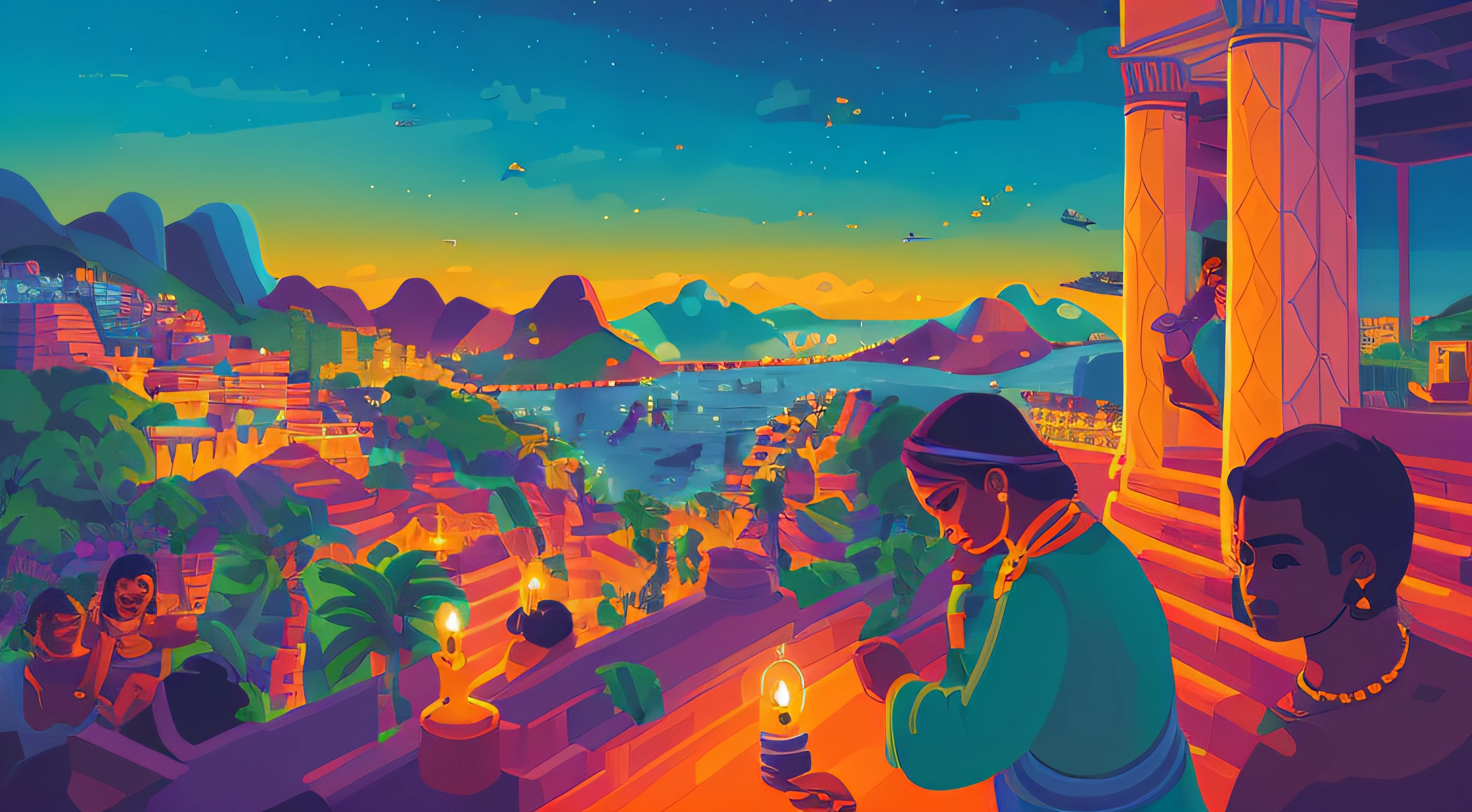 flying birds, birds, people, rio de janeiro, civilization, houses, sky, night, candles
vector art, Kurzgesagt, sharp focus, (HDR), (8k), (gigapixel), ((masterpiece))