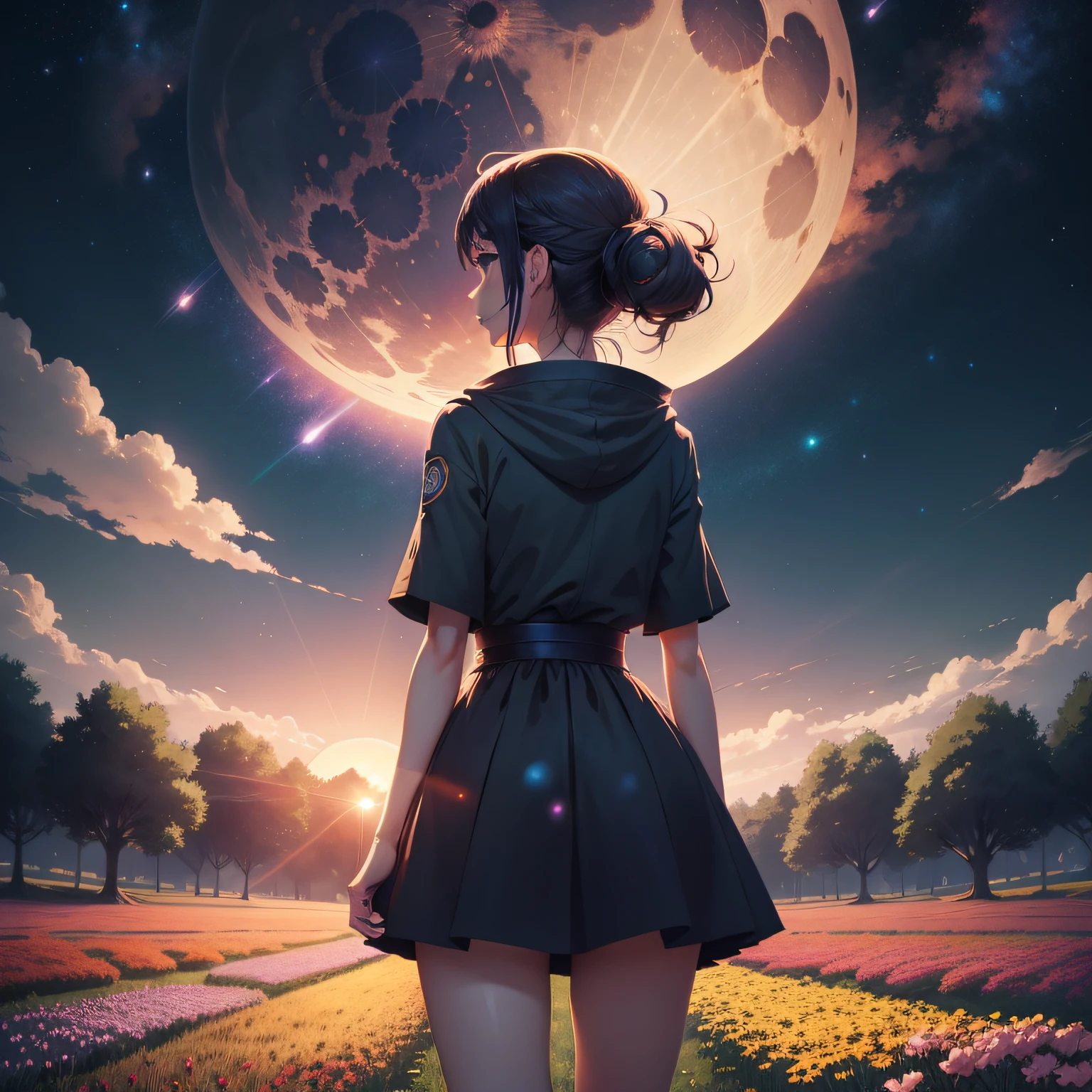 anime girl standing in a field of flowers under a full moon,ssmile,Starry Sky 8K,nigh sky;8K,space sky,Cosmos Sky。Written by Makoto Shinkai, starrysky, stele(Skysky)starry_sky, Cosmos Sky, anime backgrounds, Anime art wallpaper 4 K, anime art wallpaper 4k, Anime Sky, 4k anime wallpaper