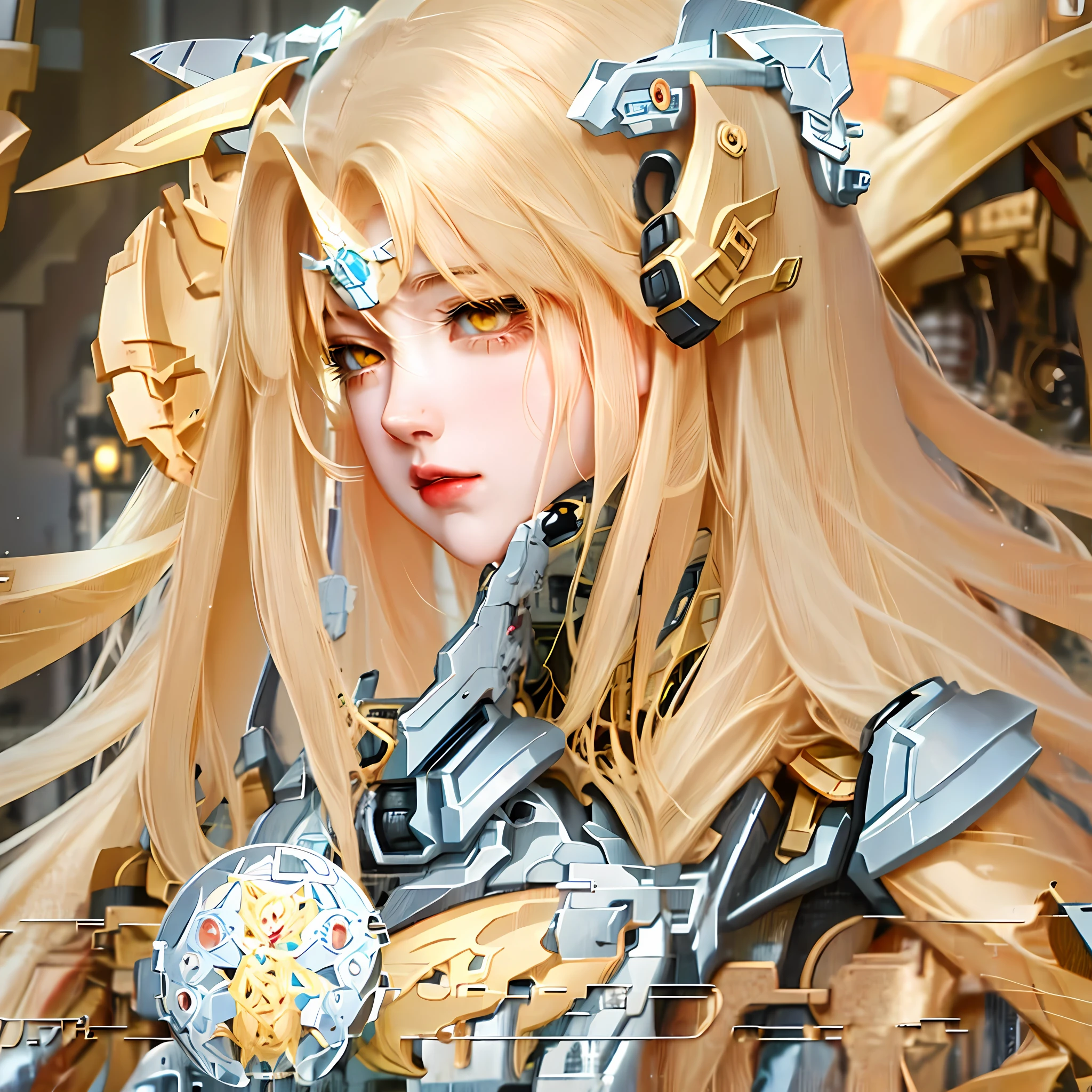 Anime girl with long blonde hair and yellow eyes holding a sword, Mechanized Valkyrie girl, Armor Girl, girl in mecha cyber armor, Anime goddess, Biomechanical OPPAI, Blonde anime girl with long hair, perfect anime cyborg woman, perfect android girl, Anime manga robot!! Anime girl, anime robots, anime mecha aesthetic, android heroine, shadowverse style