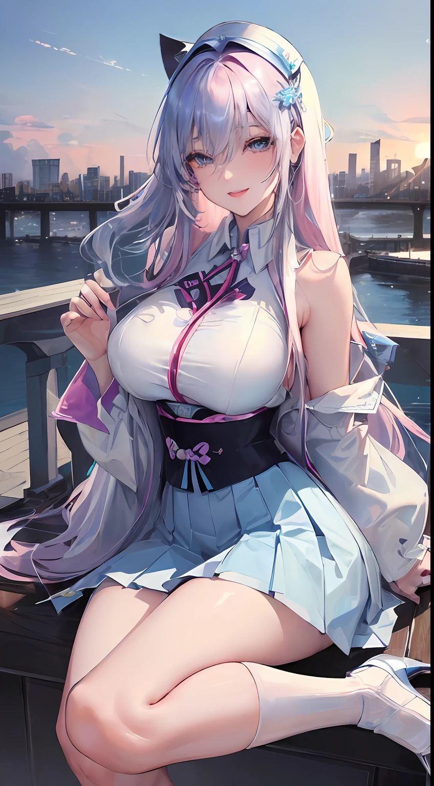 official art, masterpiece, sharp focus, (beautiful gorgeous cute Korean woman:1.3), (beautiful cute korean:1.3), korean beauty, Delicate and beautiful hair and eyes and face, realistic, ultra detailed, beautiful girl, blue sky, glow white particle, (sidelighting:1.2), sun light, white cloud, detailed clouds, slender, Lovely very large breasts and very large hips, smile with teeth, ((smile with eyes, open both eyes)), scenery, long straight hair, sexy facial expression, building, (cityscape:1.7), dynamic hair, long straight hair, detailed platinum pink hair, glow blue eyes, (blue pleated shirts + white skirt), white long socks, pale skin, hair ornament, epic scenery,