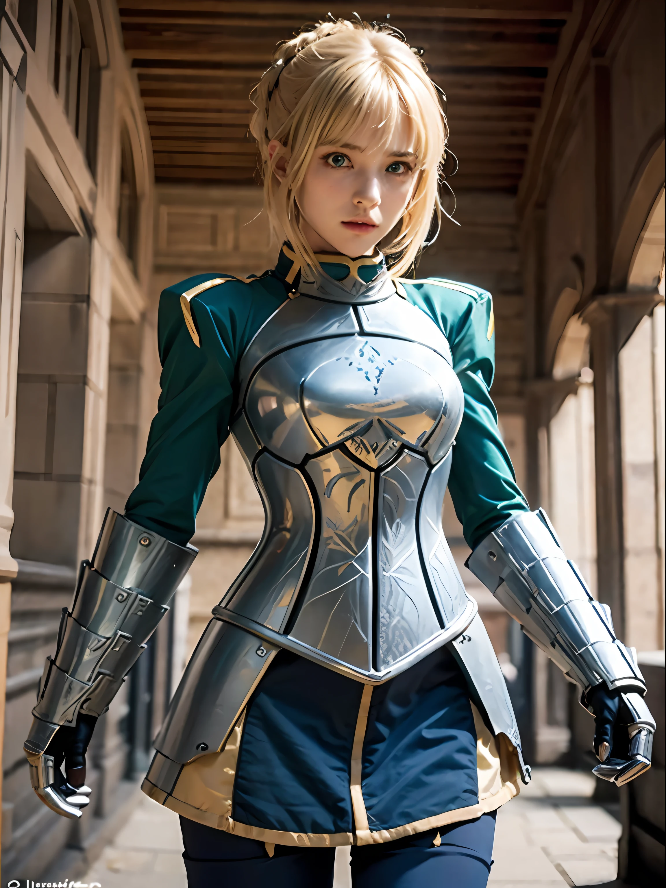 aasaber, green eyes, blonde hair, ahoge, gauntlets, (masterpiece:1.2), (ultra detailed), (8k, intricate), (85mm), (highly detailed:1.2), (highly detailed face:1.2), full body, daylight, solo