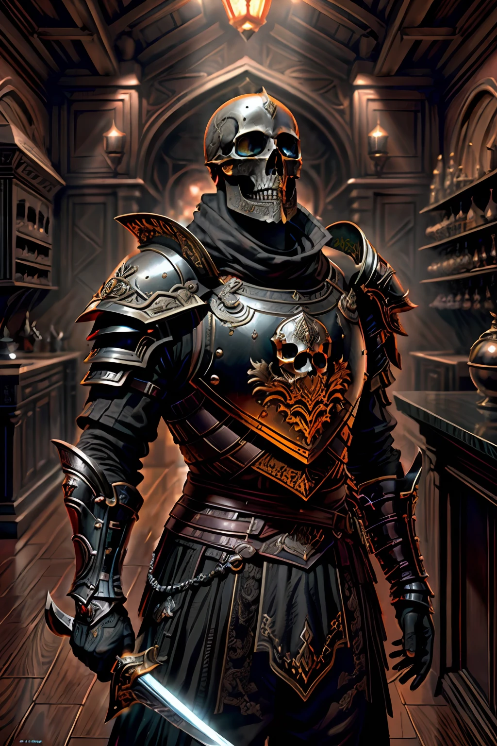 Cavaleiro esqueleto, skull on display, sem capacete, ultra realista, usando armadura de placas brilhante preto andando em uma vila em chamas, He uses a sword in one hand and a shield in the other, (intrincado: 1.4) (obra-prima: 1.4) (illustration: 1.4), red studio lighting, Post-processing, 8K分辨率, fundo escuro, imponente , fotos meticulosamente compostas, impressionantes, fantasia sombria (por Greg Rutkowski: 1.2), (por daarken: 1.5)"