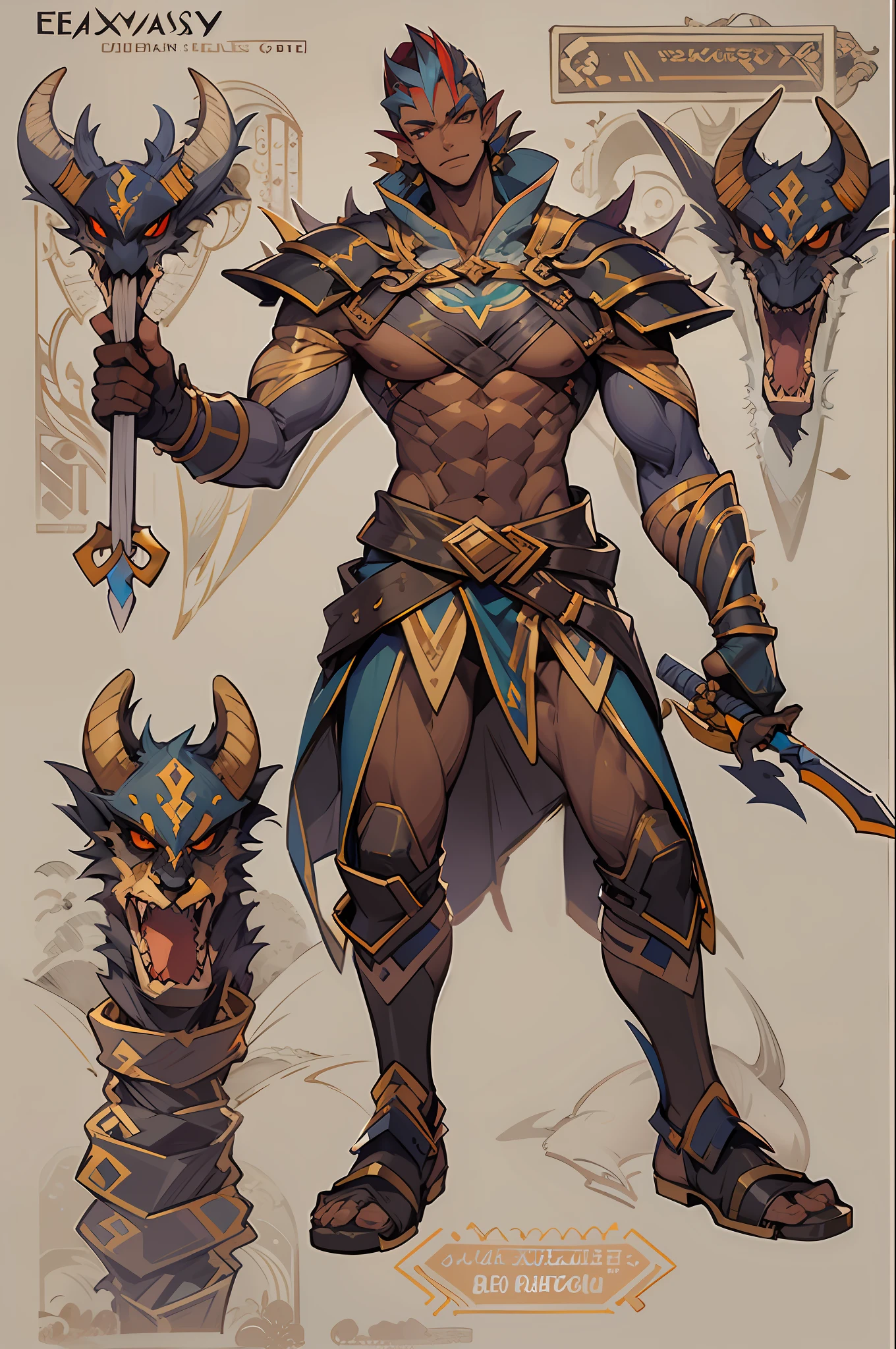 (tmasterpiece,top Quority,best qualtiy),pix,pixelart,elvish ears,has horns on its head,Dragon warrior,full bodyesbian,(Dark skin),scutes,chest muscle,Abs,Gel coat,tightsuit,(Handsome male),assassins,daggers