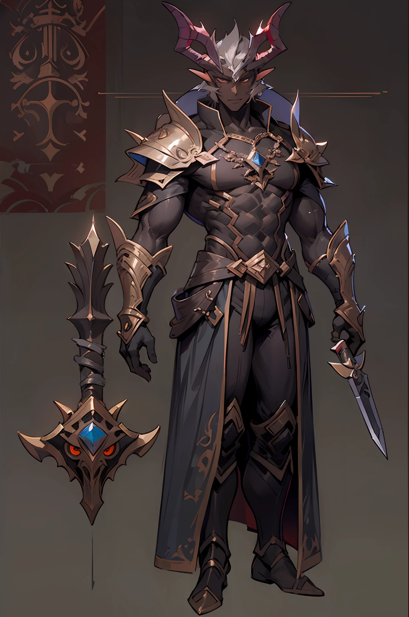 (tmasterpiece,top Quority,best qualtiy),pix,pixelart,elvish ears,has horns on its head,Dragon warrior,full bodyesbian,(Dark skin),scutes,chest muscle,Abs,Gel coat,tightsuit,(Handsome male),assassins,daggers