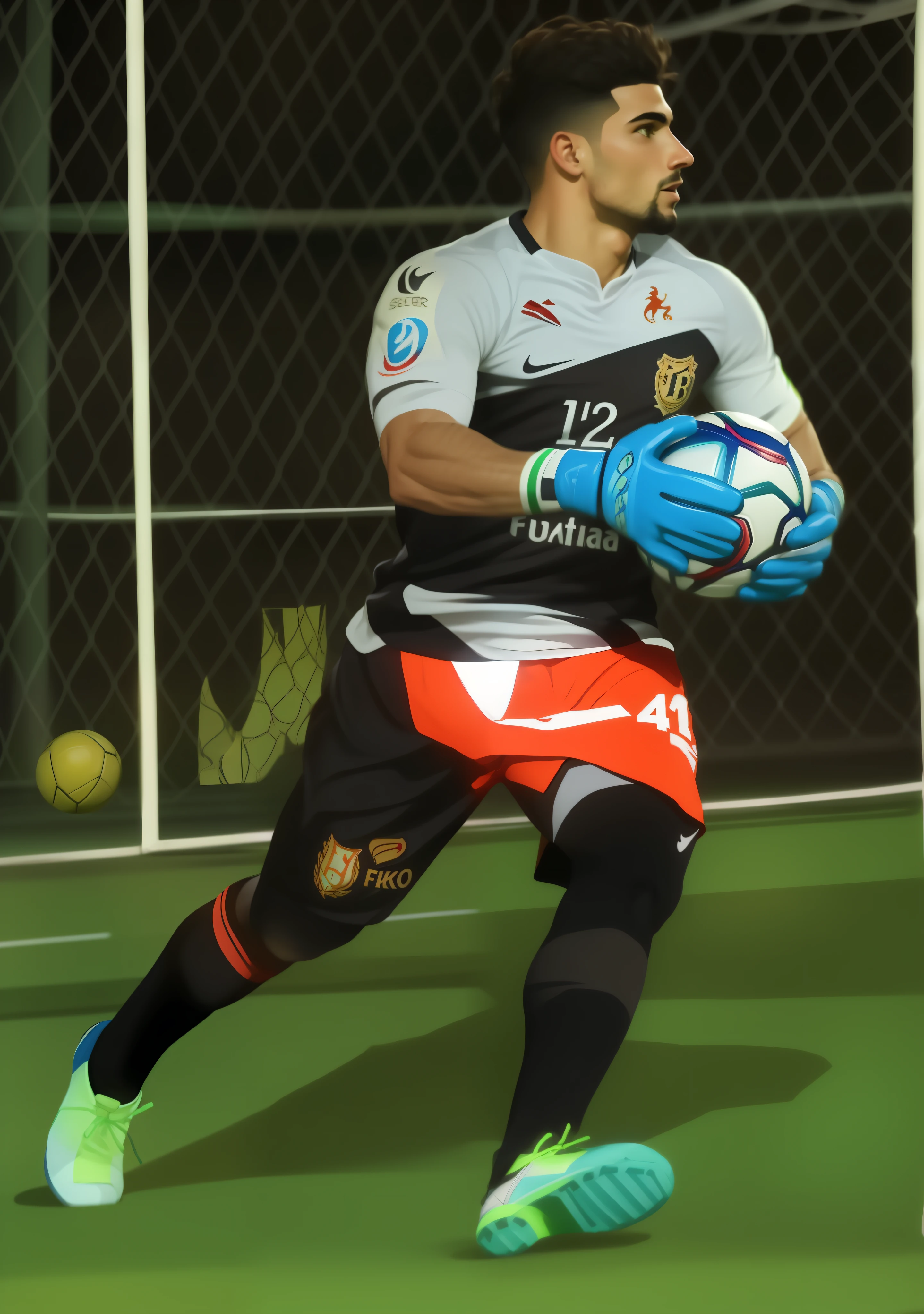 (8k, melhor qualidade, obra-prima: 1.2),um homem jogador de futebol,goleiro,Presentation art,arte profissional,flyer