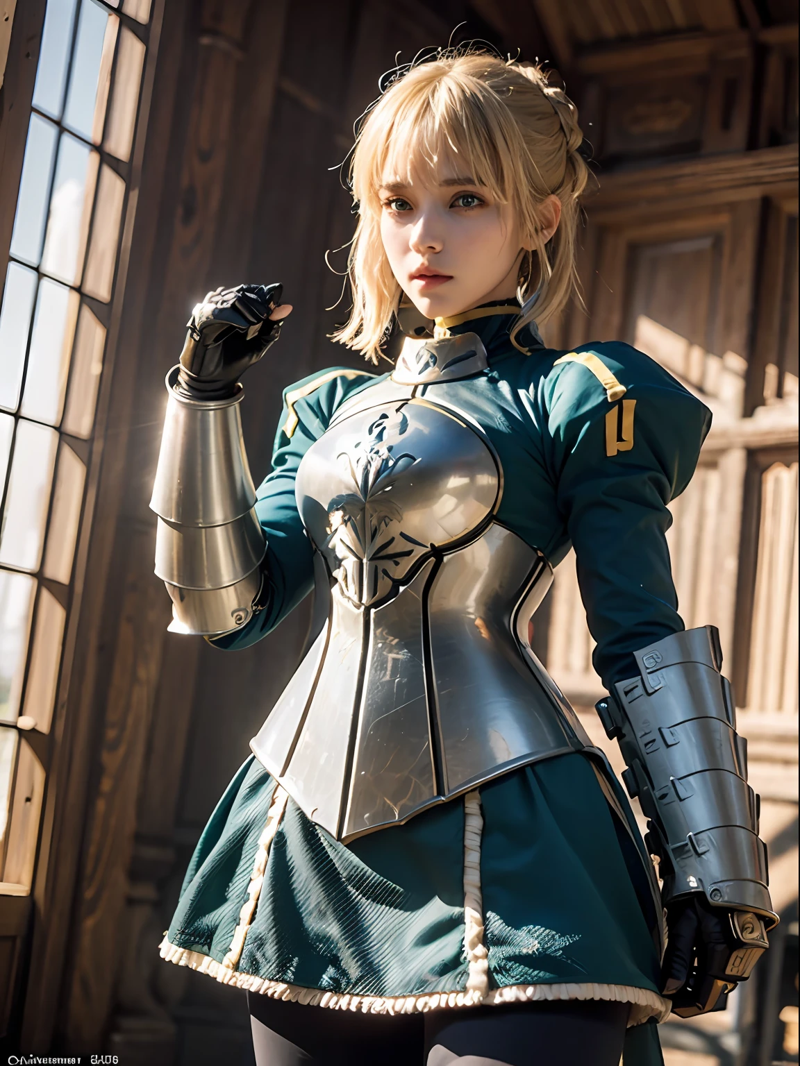 aasaber, green eyes, blonde hair, ahoge, gauntlets, (masterpiece:1.2), (ultra detailed), (8k, intricate), (85mm), (highly detailed:1.2), (highly detailed face:1.2), full body, daylight, solo