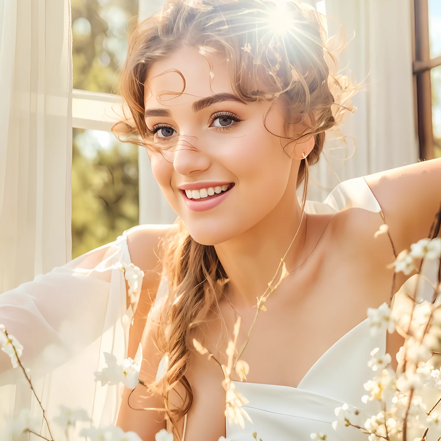 Best quality, masterpiece, ultra high res, (photorealistic:1.4), raw photo, 1girl, white dress, off shoulder, blossom flower field, glowing skin, light smile
