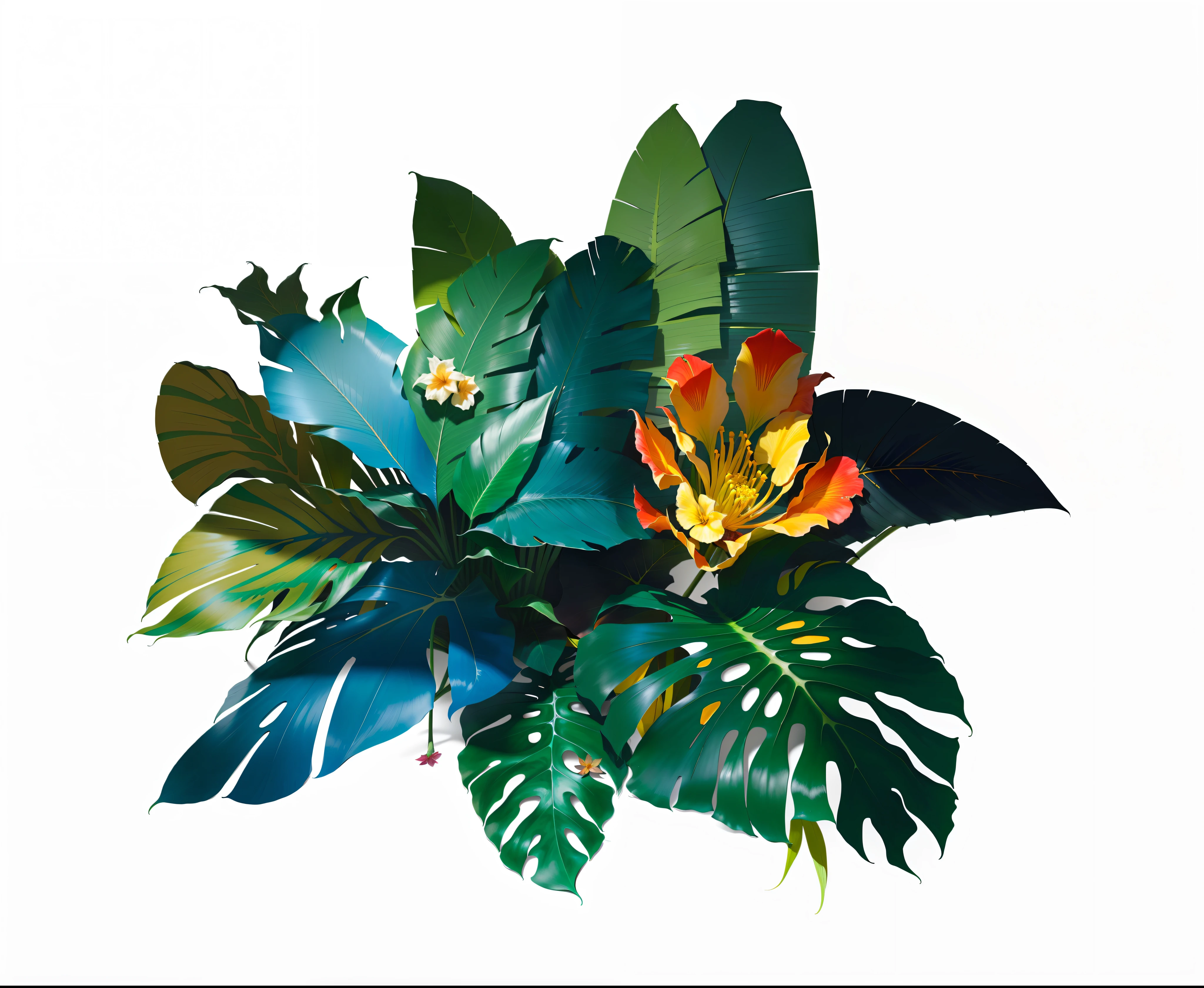 There are many leaves and plants of different colors on the ground, tropical plants and flowers, colorful tropical plants, Tropical plants, tropical flower plants, Tropical leaves, lush garden leaves and flowers, large jungle flowers, blooming tropical flowers, tropical foliage, tropical flowers, plants and jungle, subtropical flowers and plants, botanic foliage, with colorful flowers and plants, large exotic flowers,Hyper-realistic rendering,Modern art,rich details,Ultra-stereoscopic light and shadow,Ultra-high-definition realistic photography,professional colorgraded,((Complicated details)),hdr,((Complicated details,ultra - detailed))