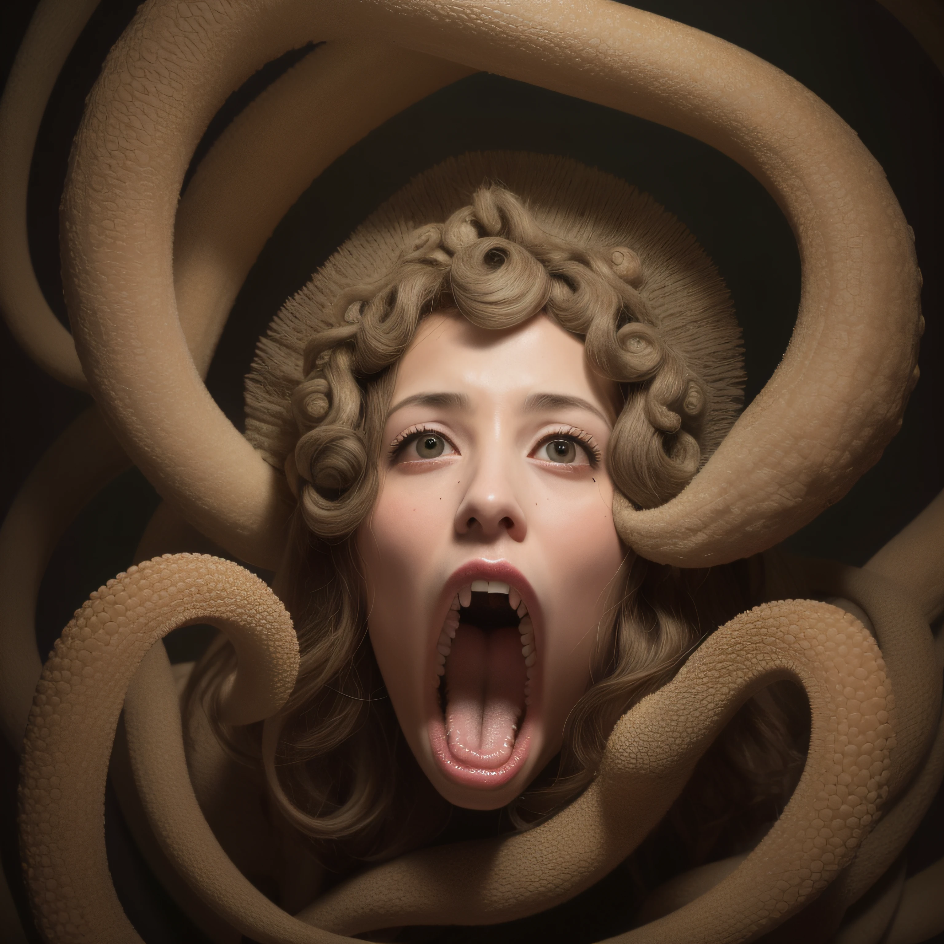 (extremadamente detallado, obra maestra, La mejor calidad), Estilo oscuro, intense illumination, rostro con arrugas, lengua larga, tentacle, deforme, monstruoso, un anciano con Colmillos finos, amenazante. Rococo composition. Luz de caravaggio