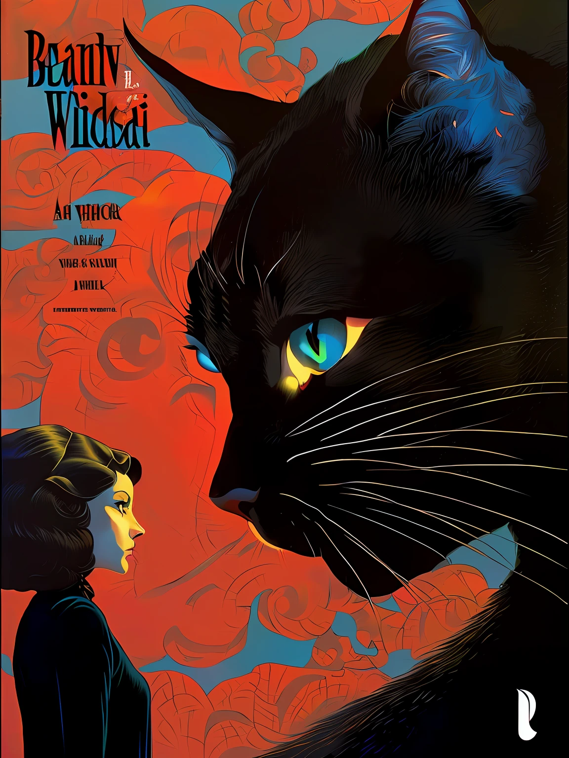 There is a black cat with blue eyes and a woman in a black dress, style of tim hildebrandt, Artistic cover, tim white art. 64 megapixels, cover art of graphic novel, cover art of graphic novel, published art, author：Jeff Miracola, Poster art style, author：hiyao miyazaki, virgil finlaytim hildebrandt, ( art fitzpatrick )