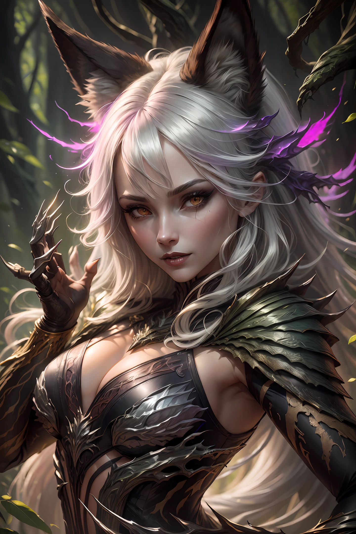 female body wolf, purple fur, long silver claws, arms outstretched, howl humain face, black skin, pink eyes, pink lips, prominent silver canine --auto --s2