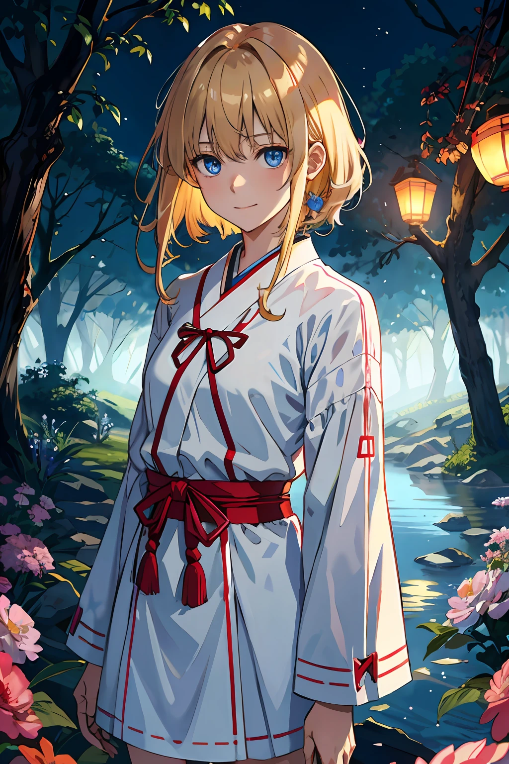 jpn，Shin Evangelion，asuka，A high resolution，HighestQuali，illustratio，ultra - detailed，（详细的脸），（Detailed eyes），gentlesoftlighting，best qualtiy，ultra - detailed，tmasterpiece，1girll，独奏，blond hairbl，eBlue eyes，Ribbons，jewely，jaket，shift dresses，Pedras preciosas，shairband，glowing light eyes，Poor milk，upper body bare，（a color），Cowboy photos，ssmile，exteriors，Morning，lakes，the trees，steins，fresh flowers，Japanese lanterns，wood
