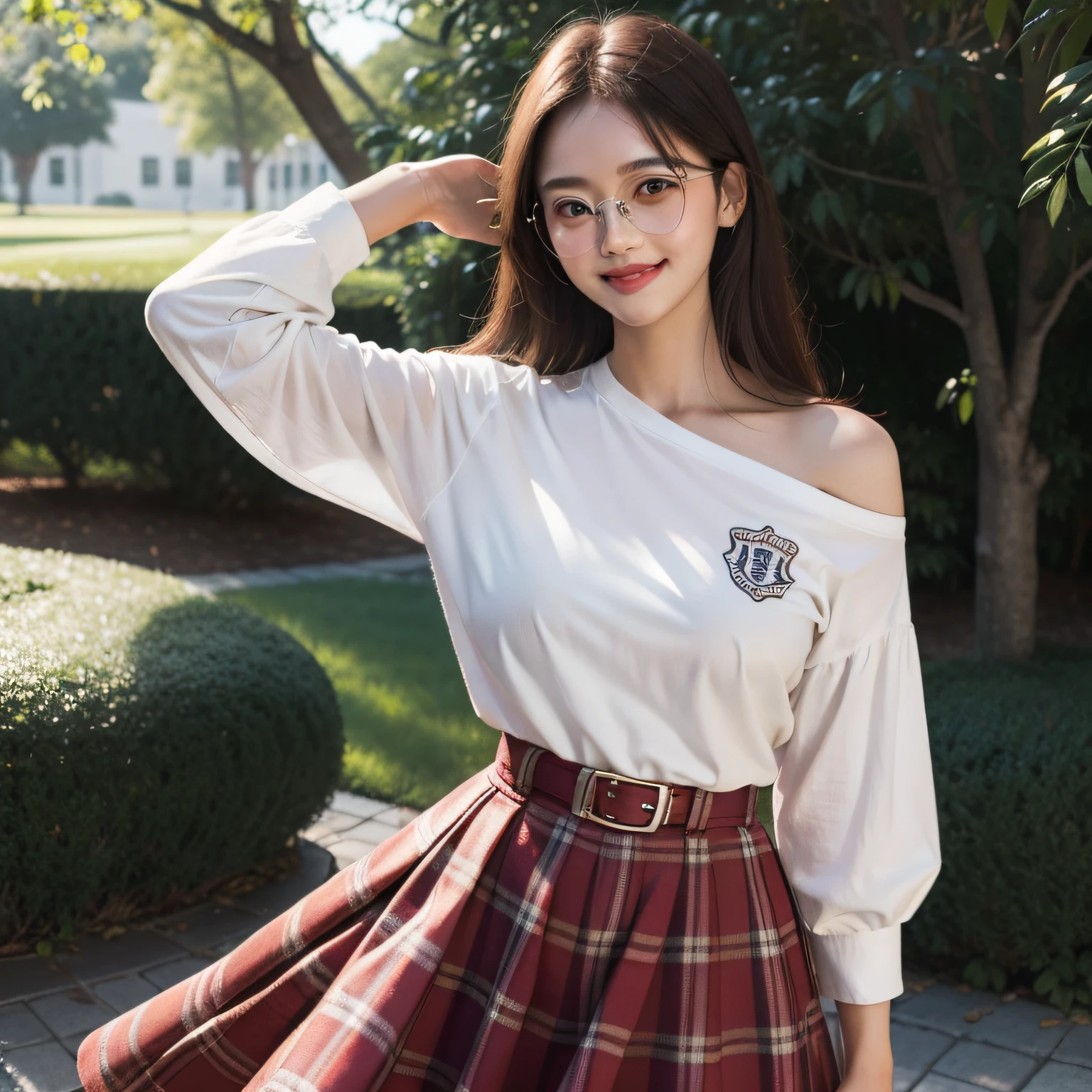 Ultra-high resolution masterpiece, highest image quality, campus white shirt, round frame, silver-toned glasses, smile, sunshine, slender, quiet, hair to shoulders, tall, red checkered skirt