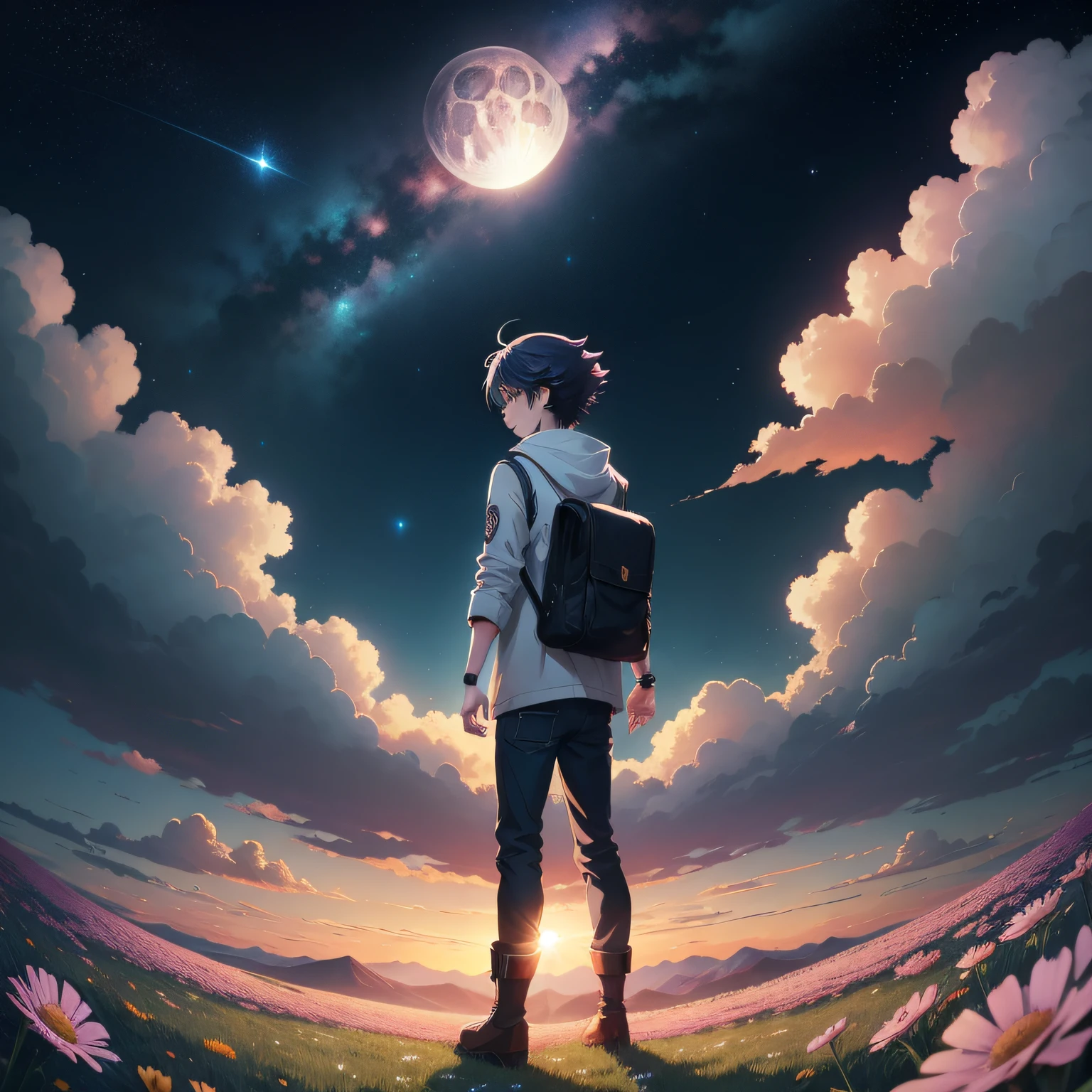 Anime boy standing in a field of flowers under a full moon,ssmile,Starry Sky 8K,nigh sky;8K,space sky,Cosmos Sky。Written by Makoto Shinkai, starrysky, stele(Skysky)starry_sky, Cosmos Sky, anime backgrounds, Anime art wallpaper 4 K, anime art wallpaper 4k, Anime Sky, 4k anime wallpaper